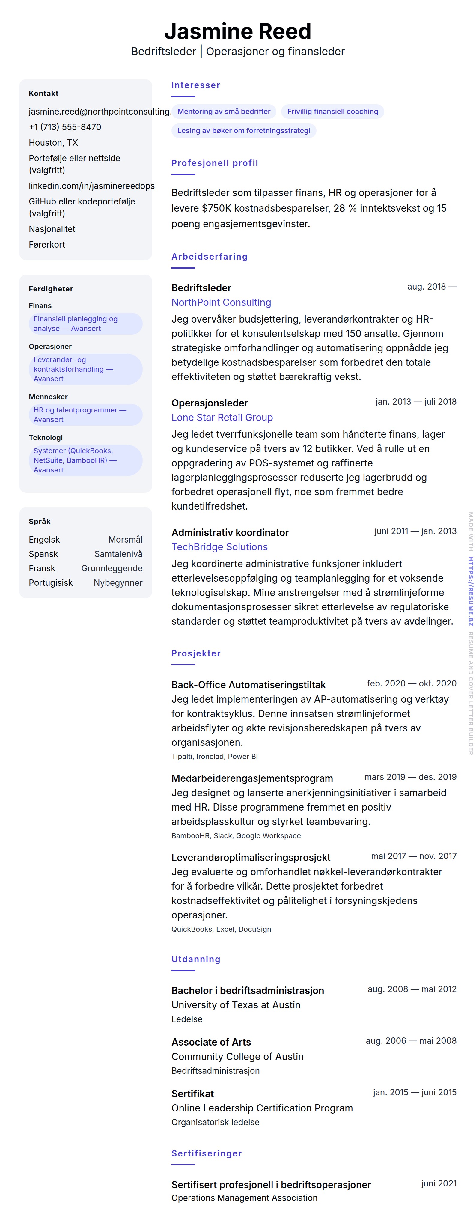 CV-forhåndsvisning for Bedriftsleder CV-eksempel