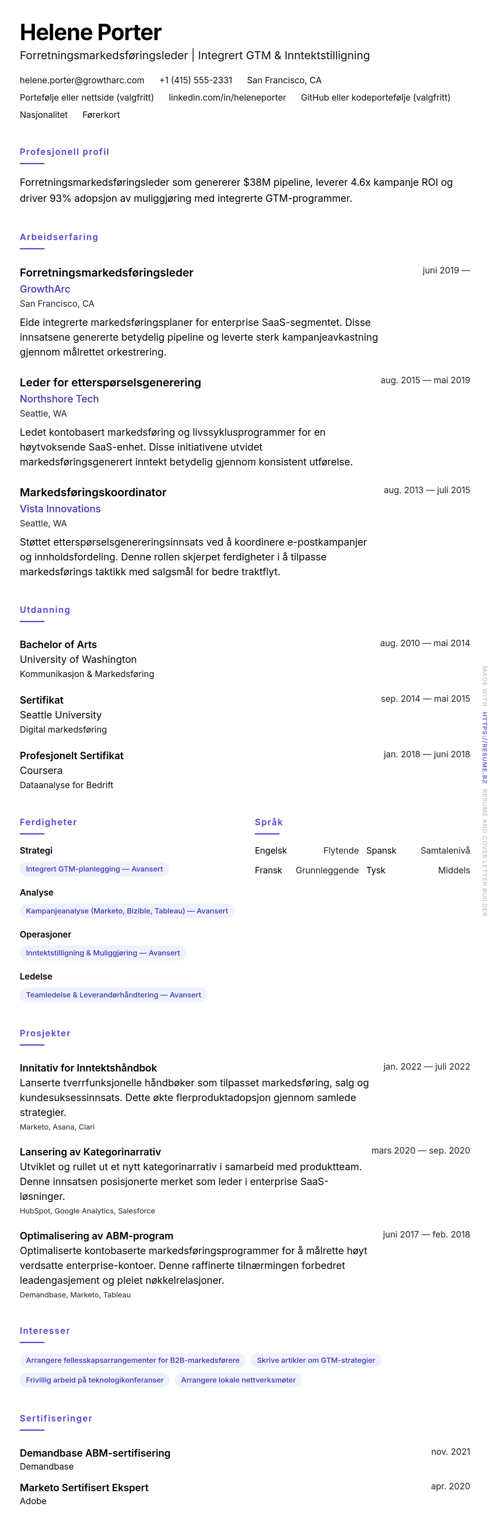 CV-forhåndsvisning for Forretningsmarkedsføringsleder CV-eksempel