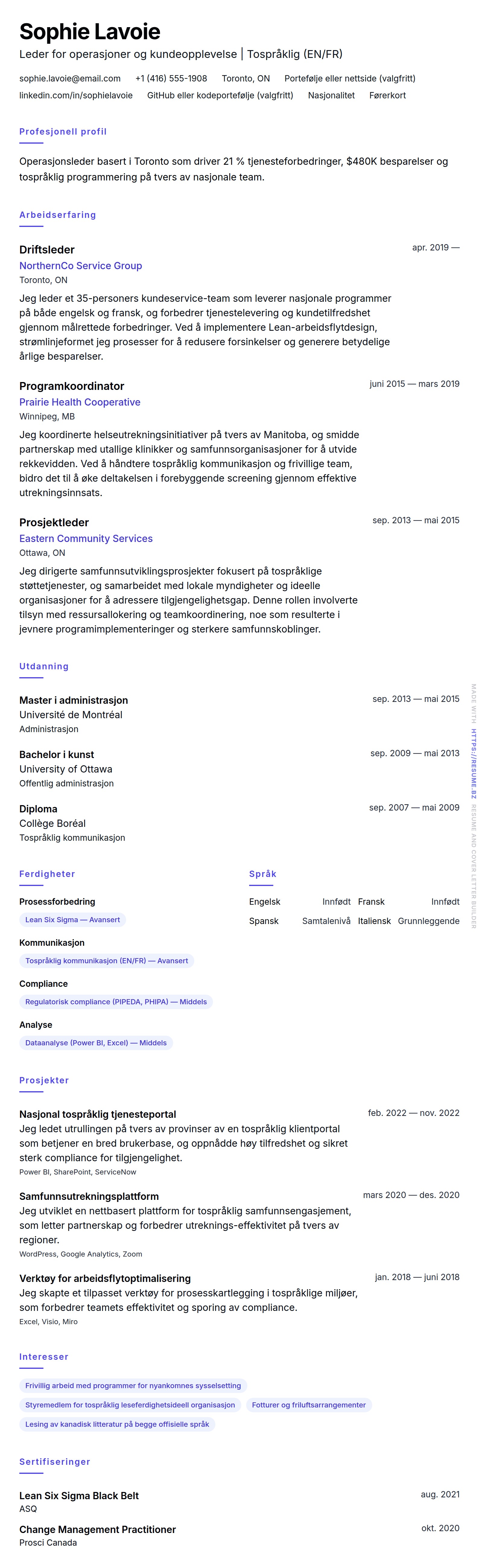 CV-forhåndsvisning for Kanadisk CV-format CV-eksempel