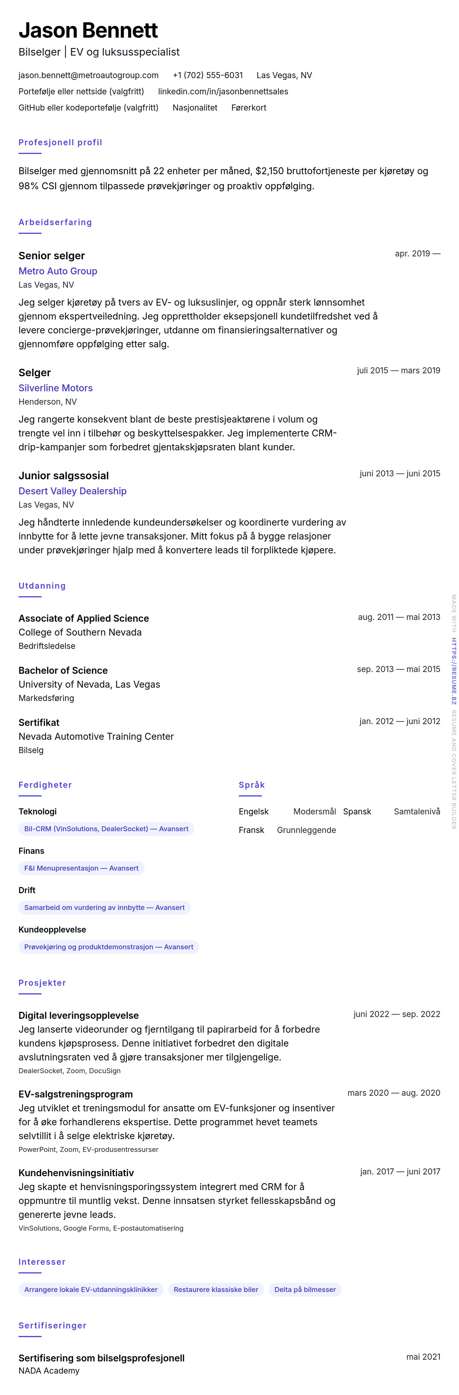 CV-forhåndsvisning for Bilselger CV-eksempel