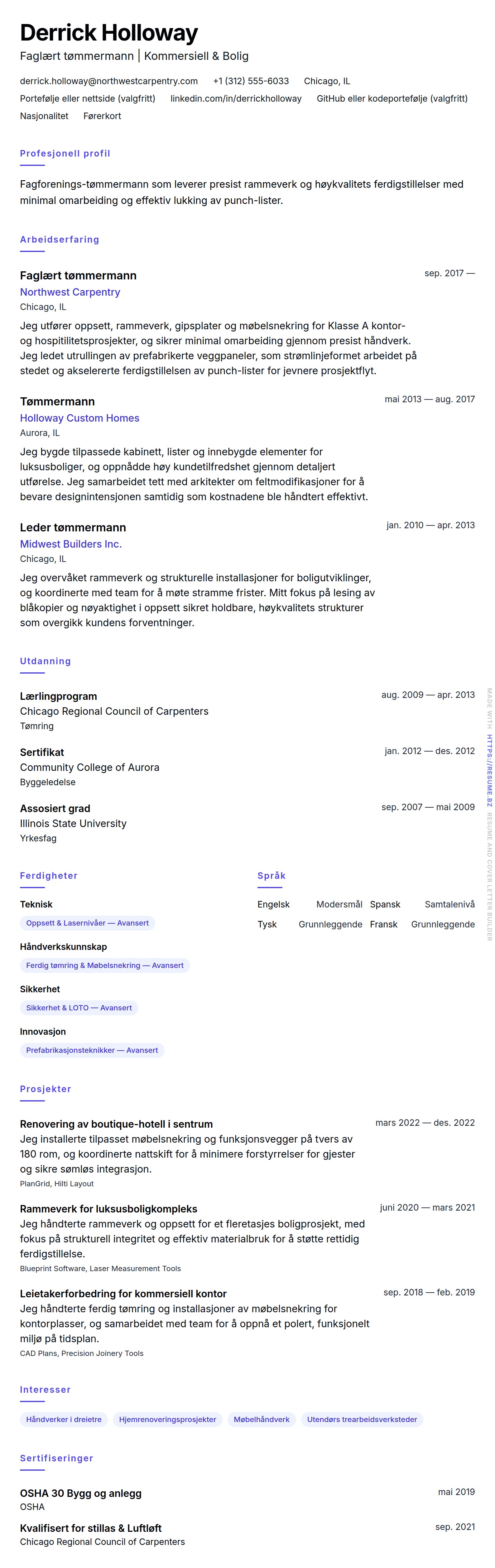 Eksempel på tømmermann-CV