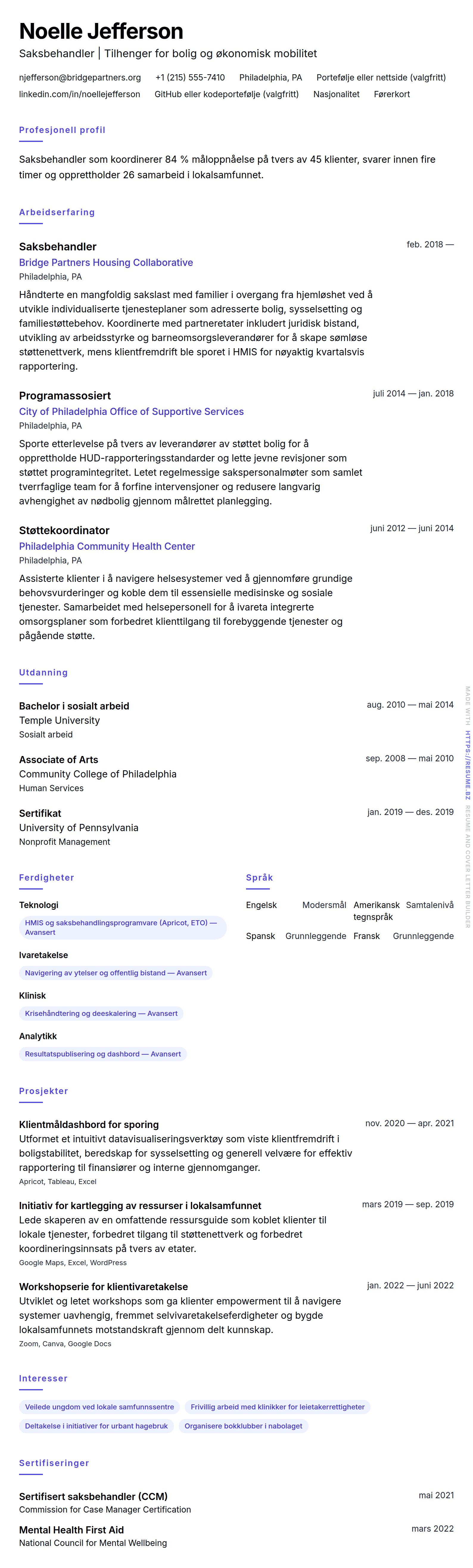CV-forhåndsvisning for Eksempel på CV for saksbehandler