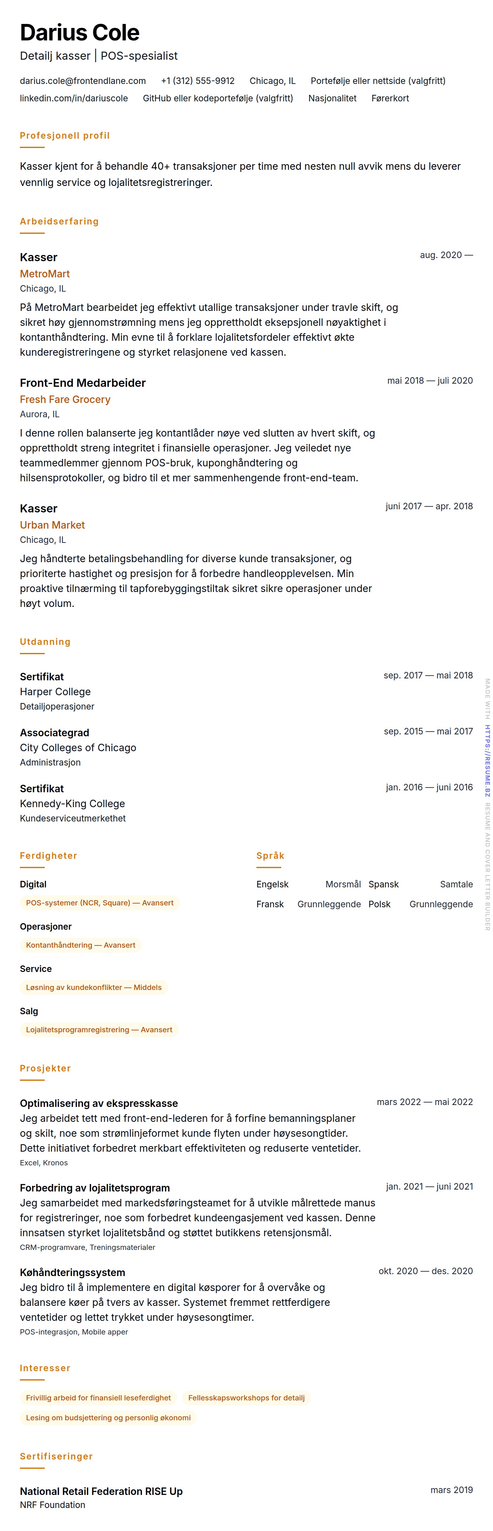 CV-forhåndsvisning for Kasser CV-eksempel