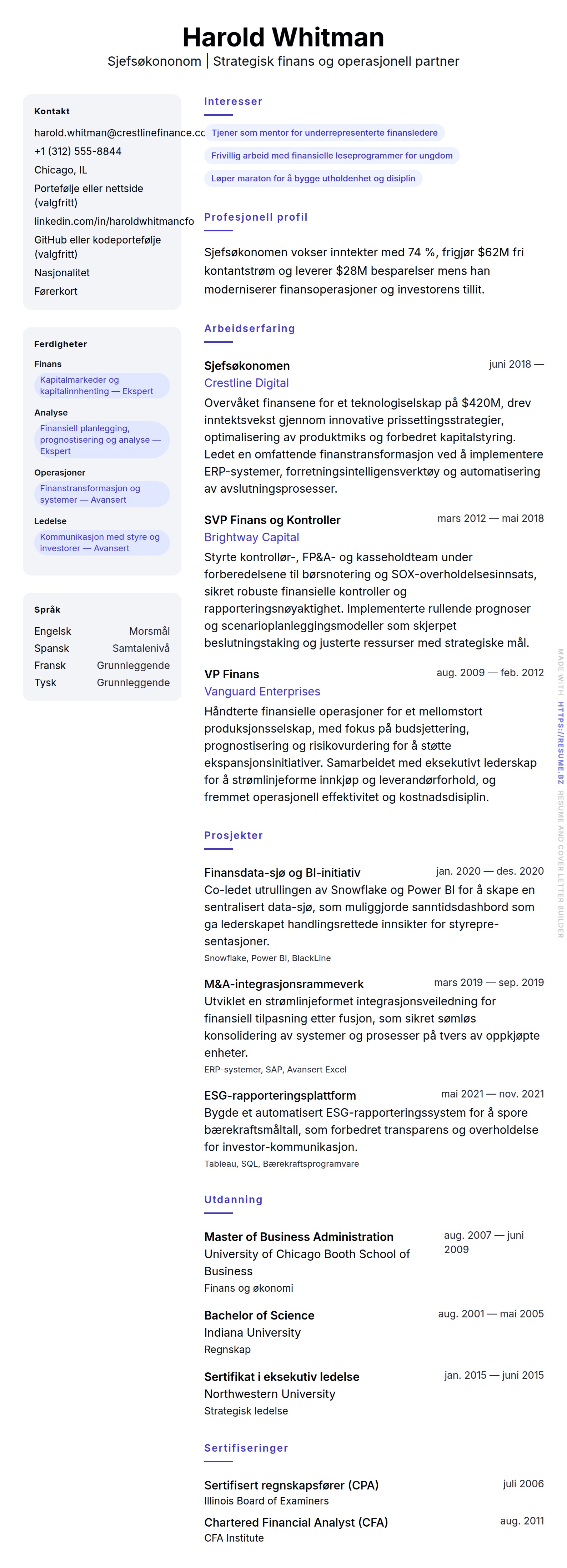 Sjefsøkononom CV-eksempel