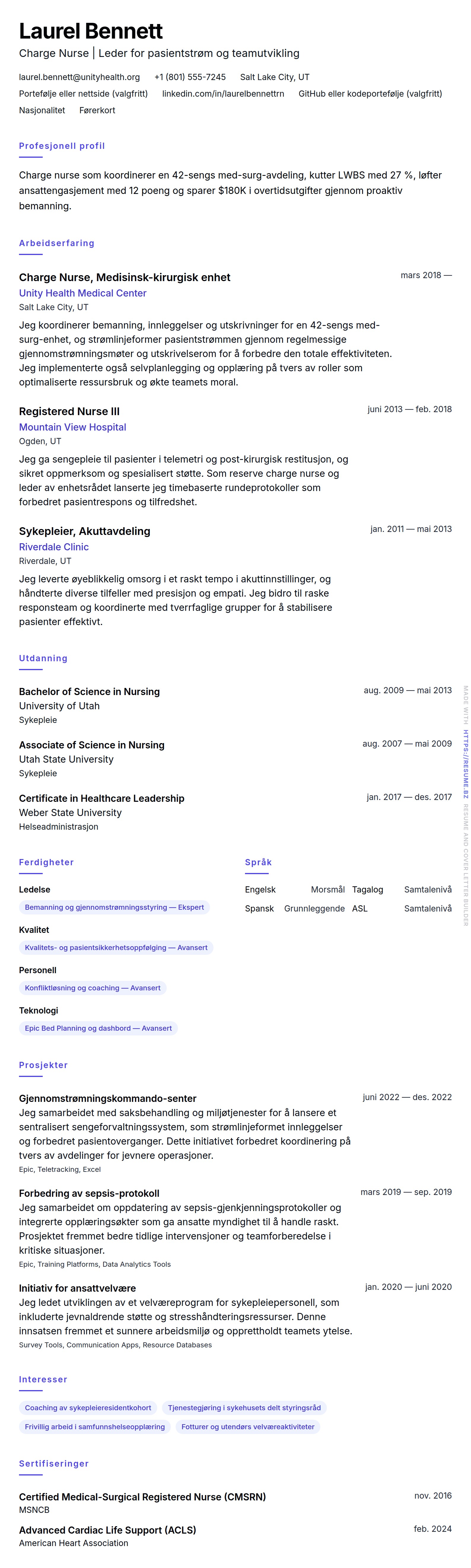 CV-forhåndsvisning for Charge Nurse CV-eksempel