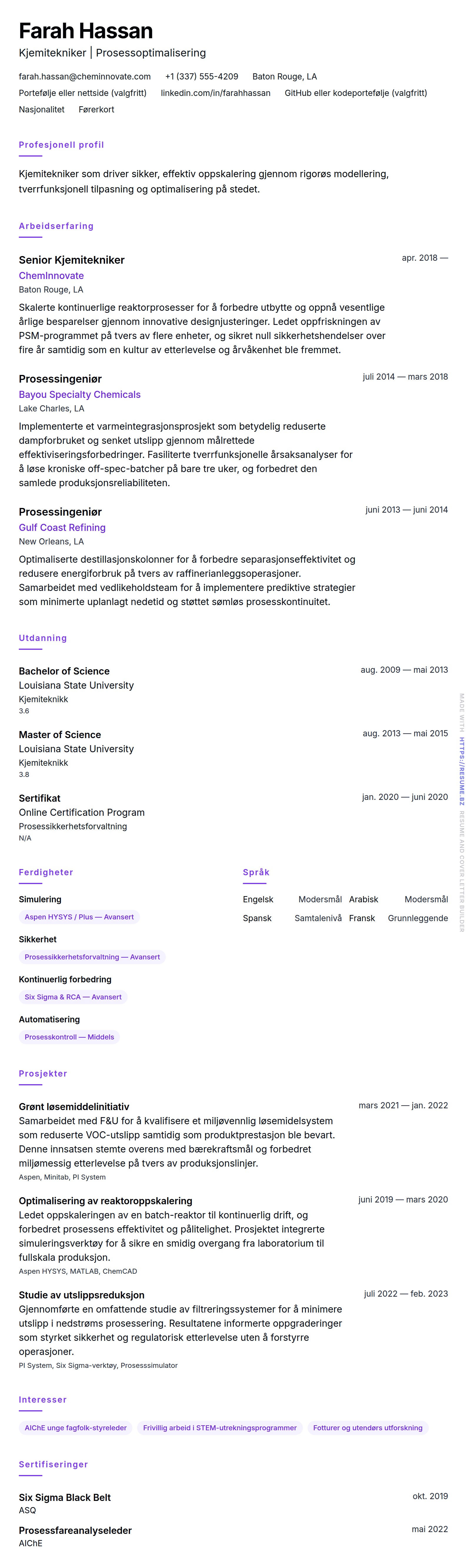 CV-forhåndsvisning for Kjemitekniker CV-eksempel