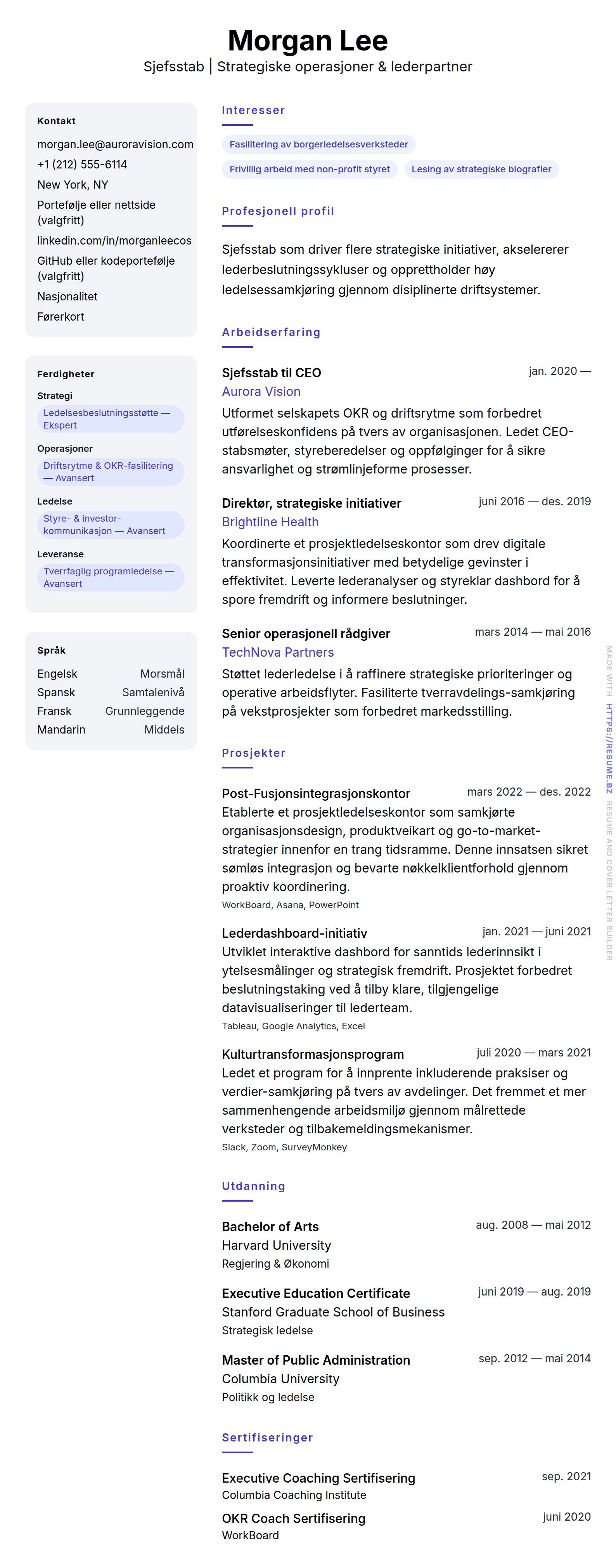 CV-forhåndsvisning for Sjefsstab CV-eksempel