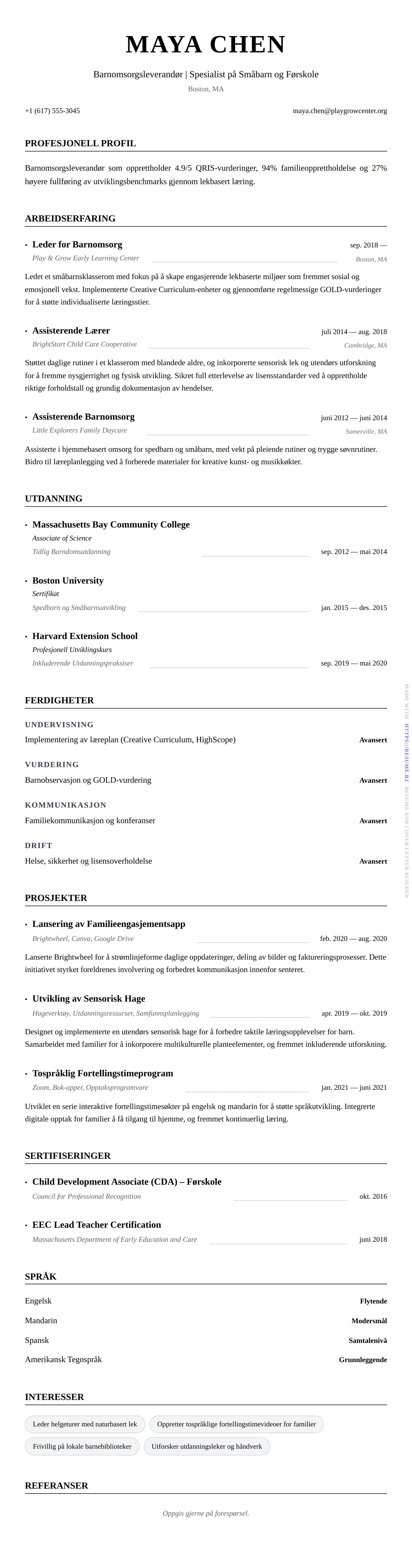 Eksempel på CV for Barnomsorgsleverandør