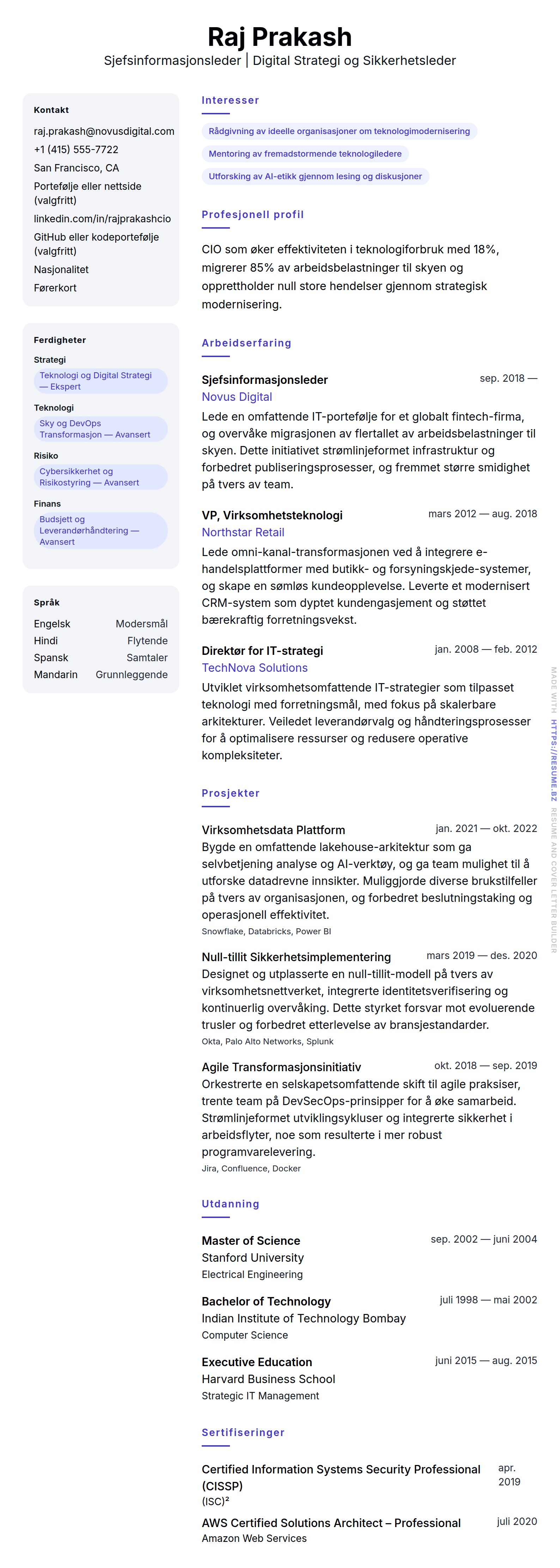 Sjefsinformasjonsleder CV-eksempel
