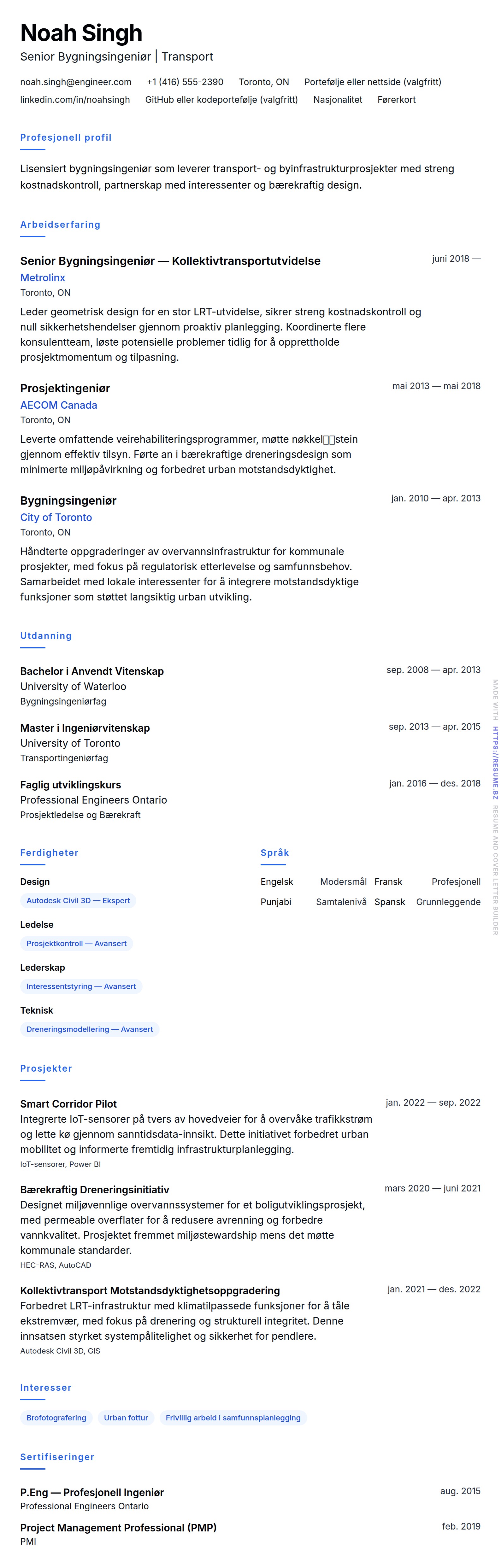 CV-forhåndsvisning for Bygningsingeniør CV-eksempel