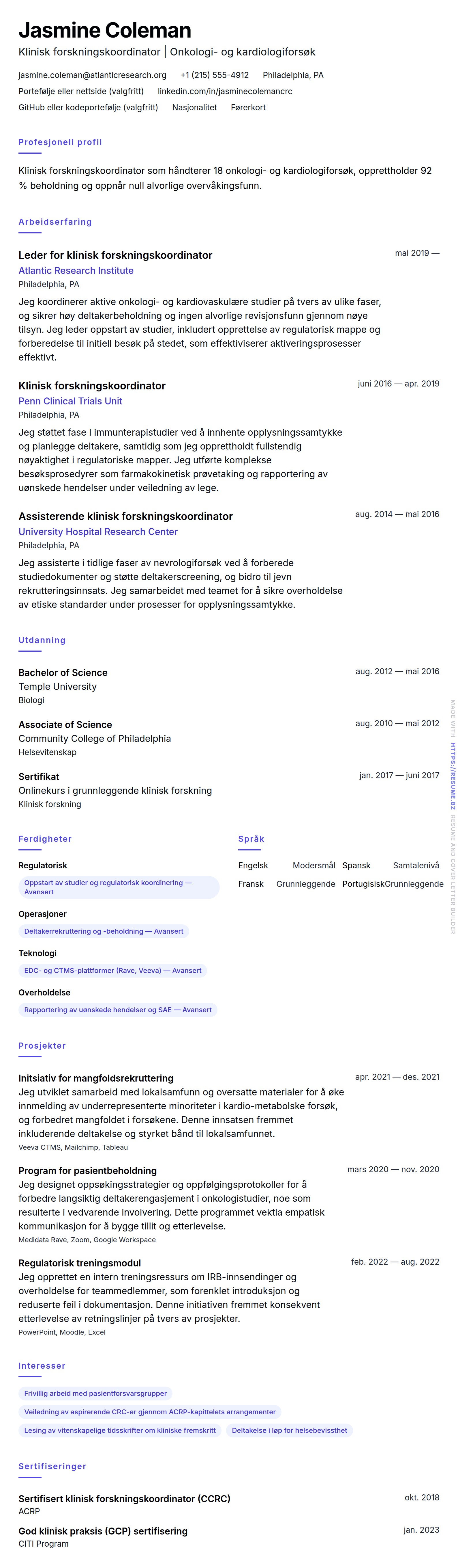 Eksempel på CV for klinisk forskningskoordinator