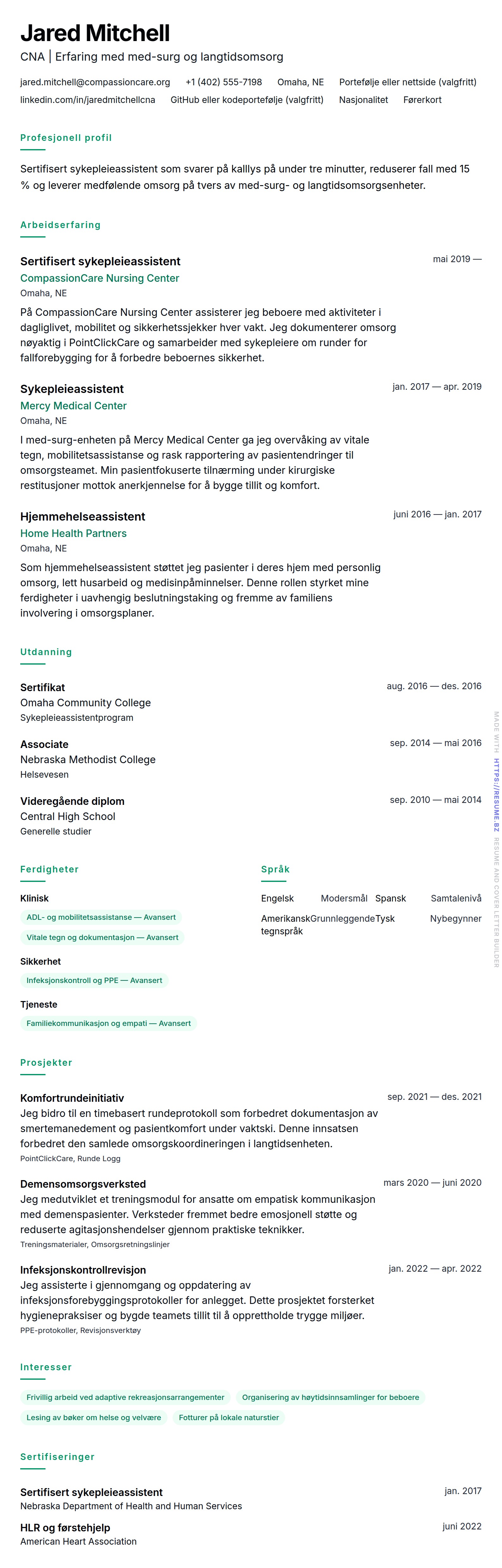 CV-forhåndsvisning for Eksempel på CV for sertifisert sykepleieassistent (CNA)