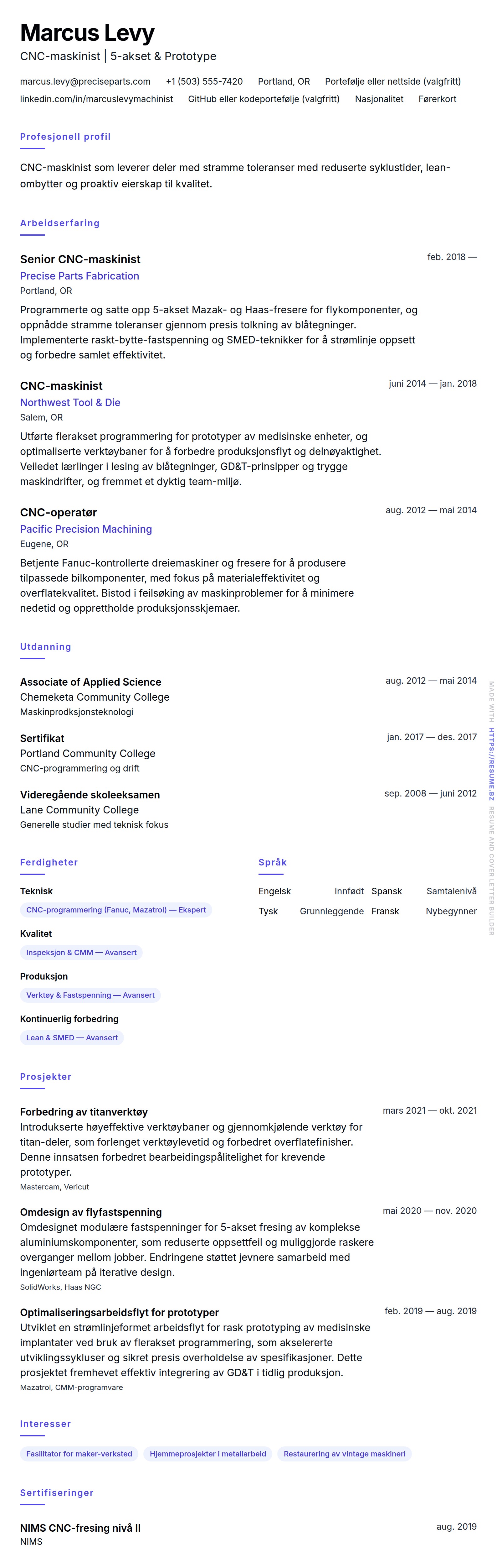 CV-forhåndsvisning for CNC-maskinist CV-eksempel
