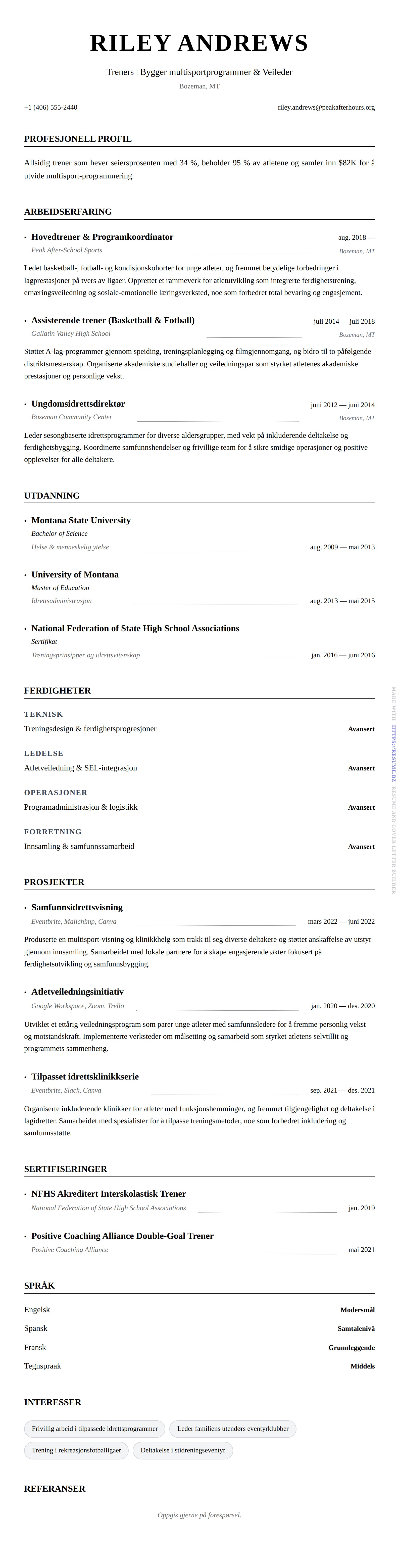 CV-forhåndsvisning for Treners CV-eksempel