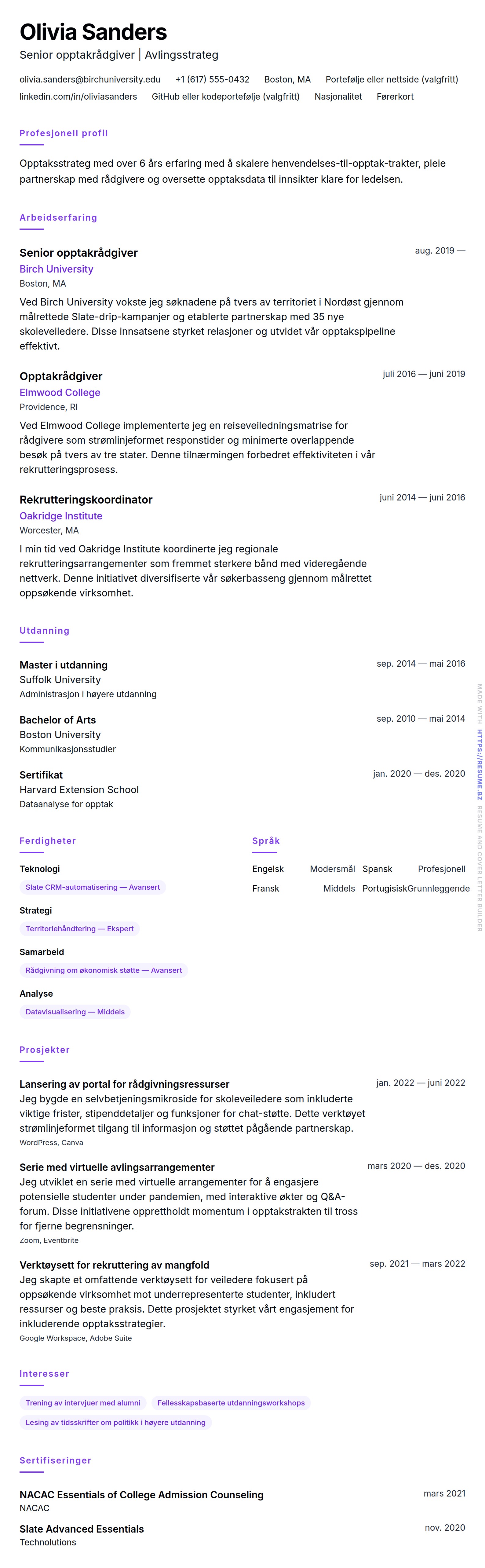 CV-forhåndsvisning for Eksempel på CV for rådgiver for opptak til høgskoler