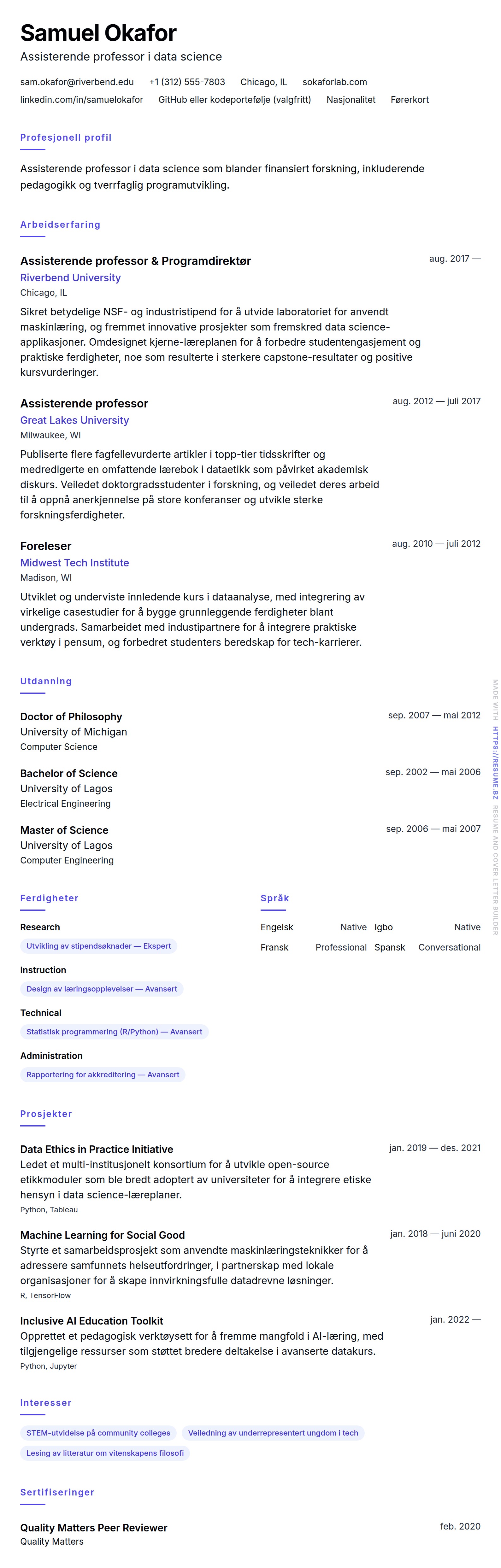 Høgskoleprofessor CV-eksempel