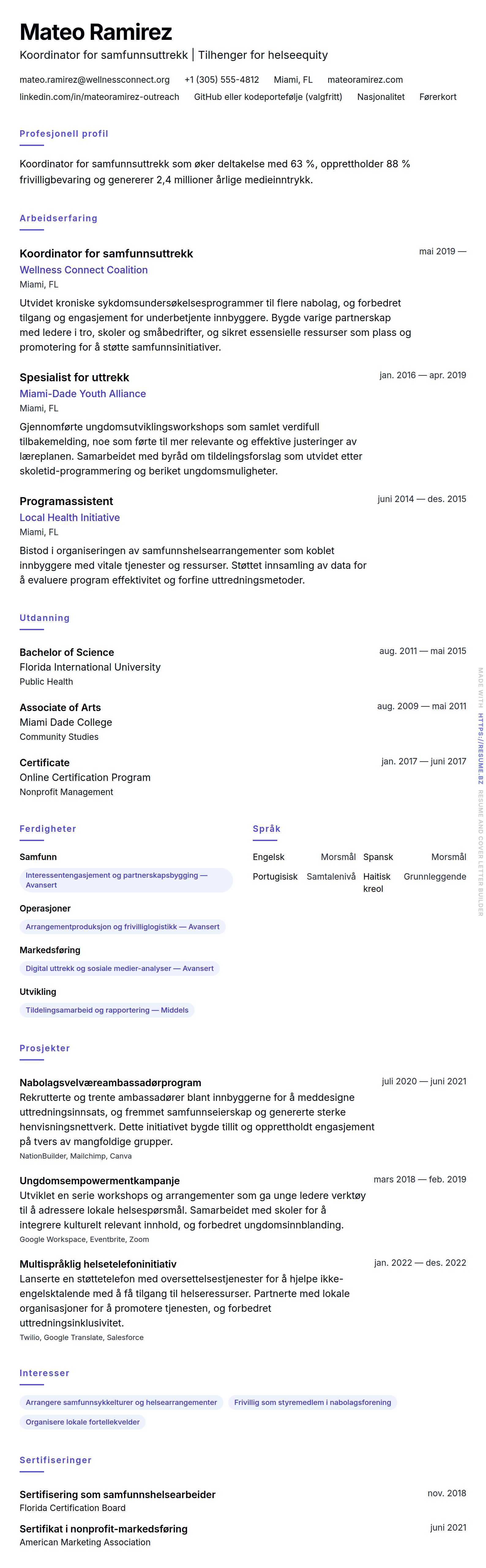 CV-forhåndsvisning for Eksempel på CV for koordinator for samfunnsuttrekk