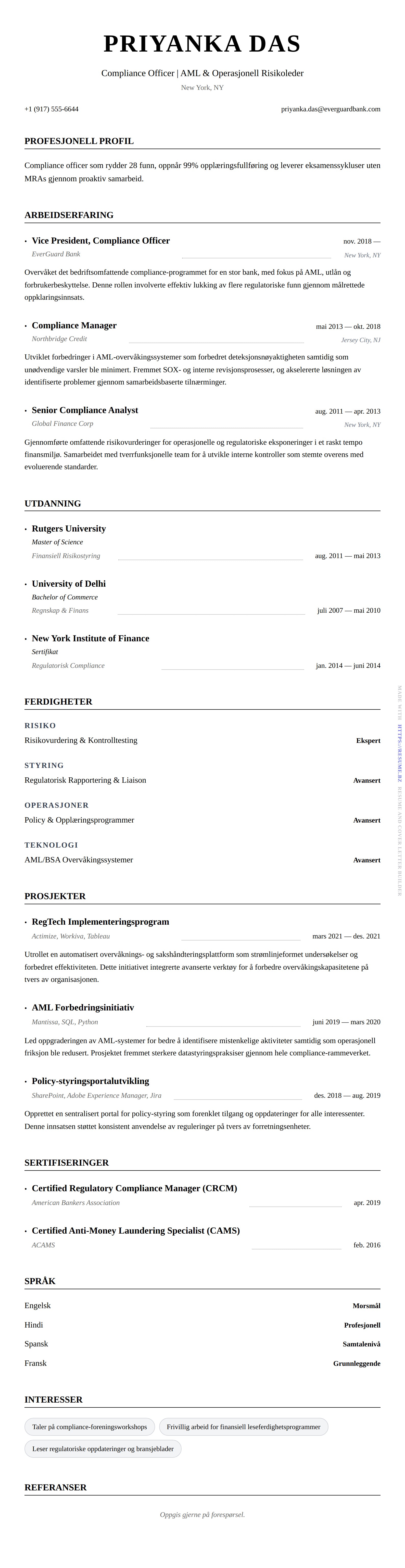 CV-forhåndsvisning for Compliance Officer CV-eksempel