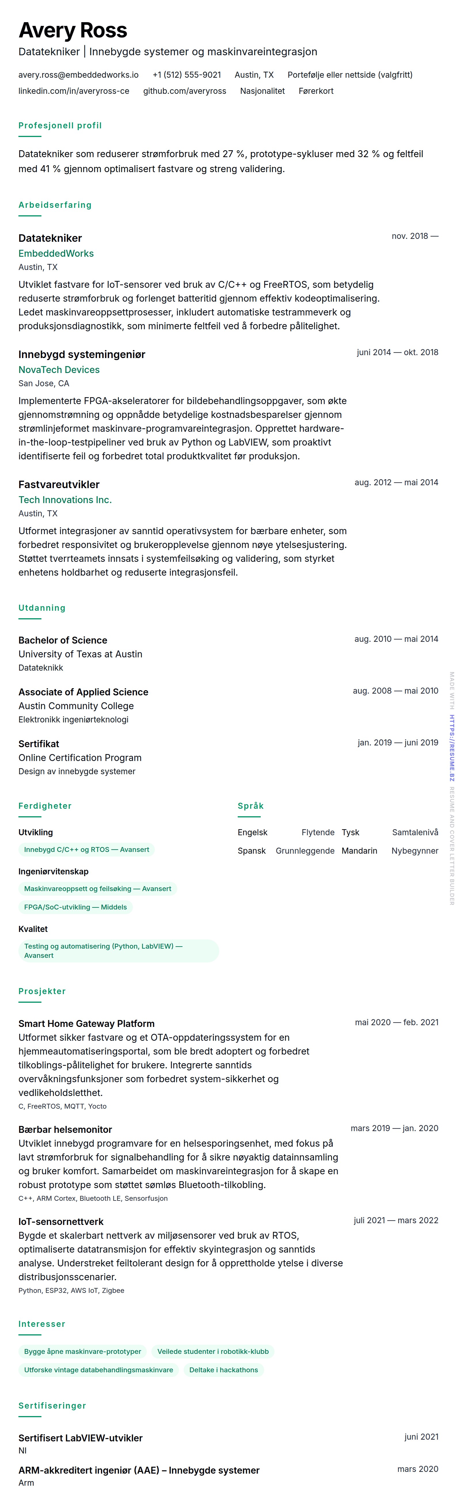 CV-forhåndsvisning for Datatekniker CV-eksempel