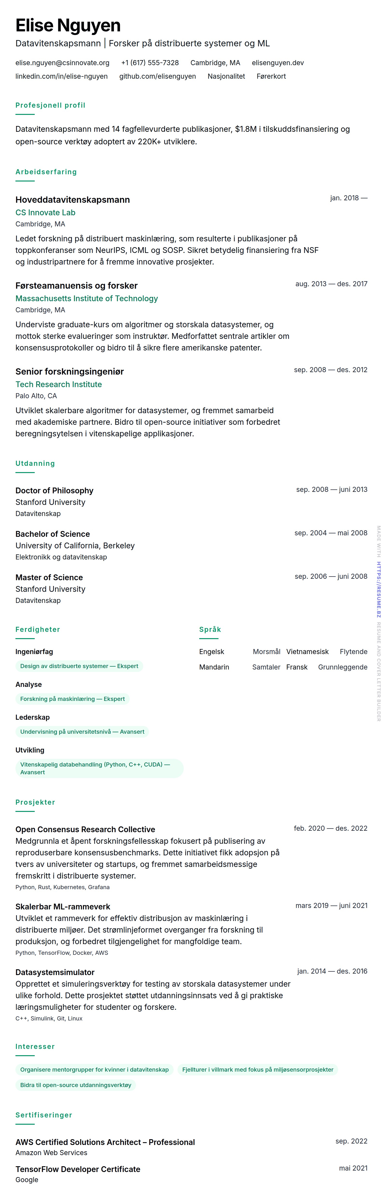 CV-forhåndsvisning for Eksempel på CV for datavitenskapelig profesjonell