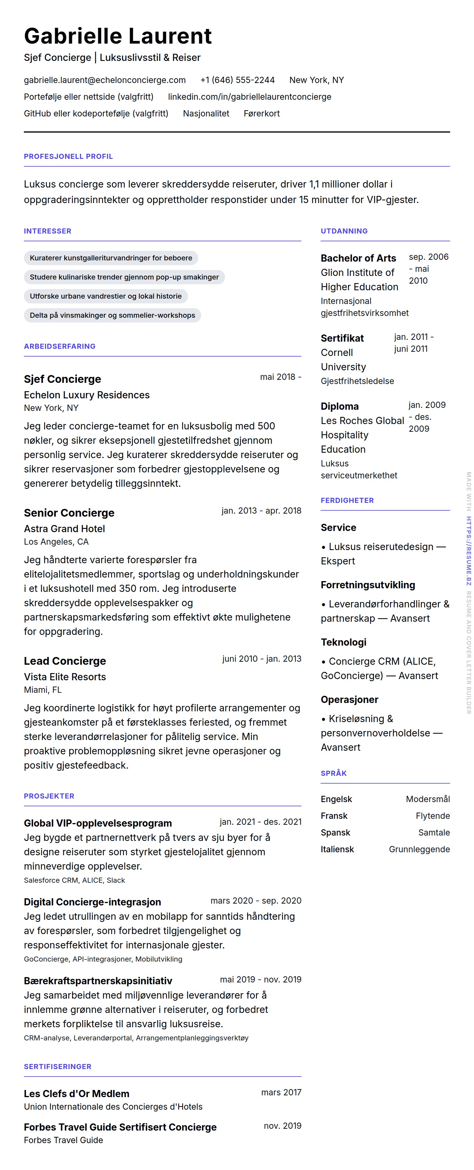 CV-forhåndsvisning for Concierge CV-eksempel