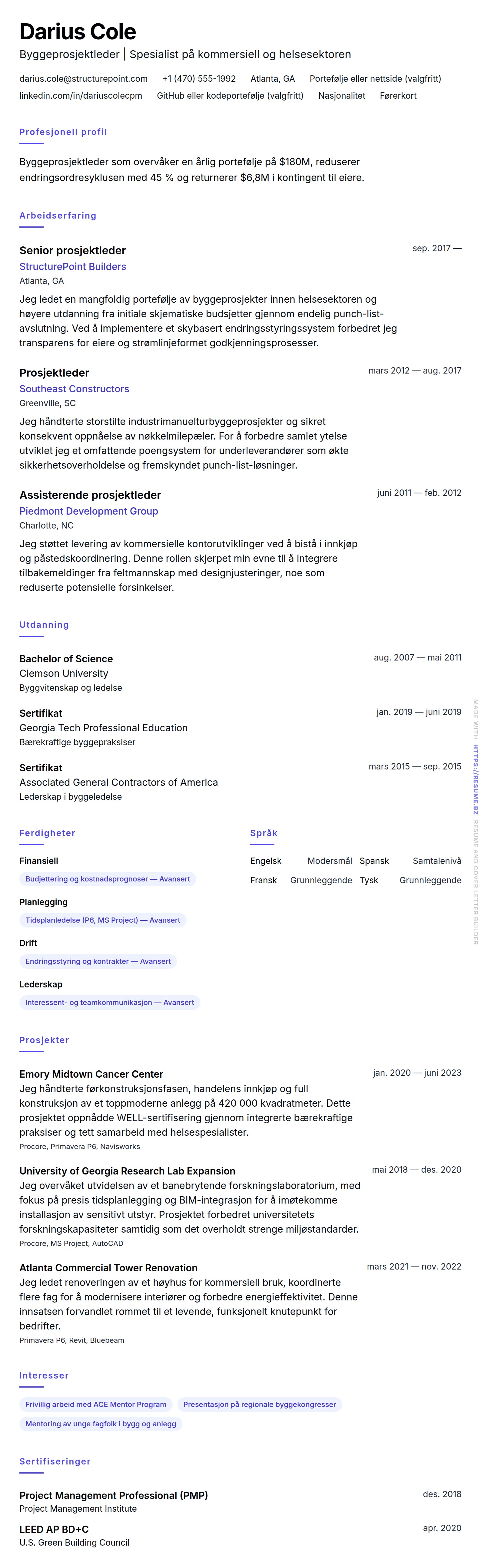 Byggeprosjektleder CV-eksempel