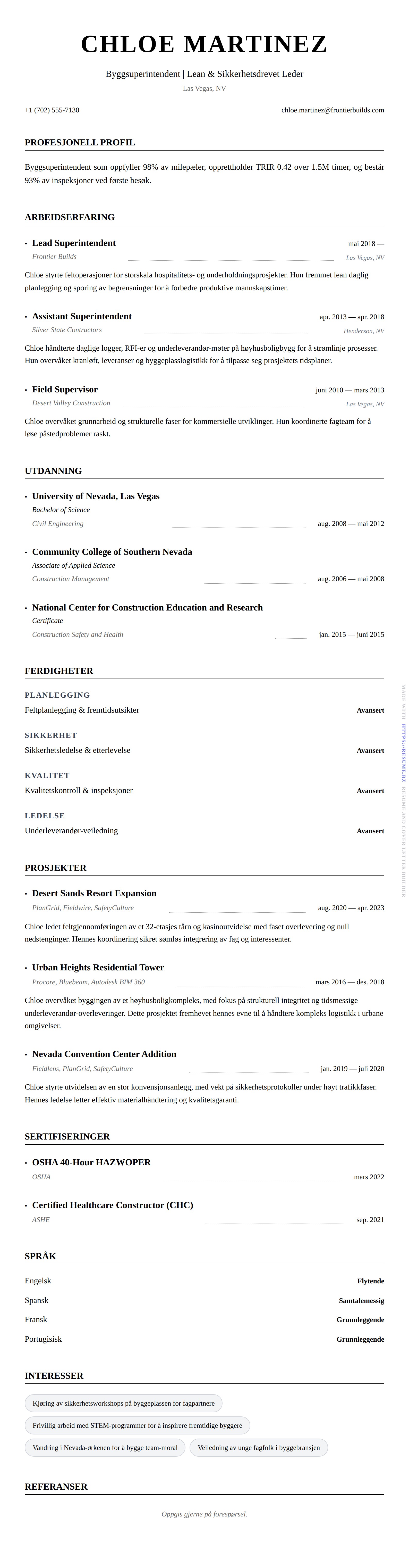 Byggsuperintendent CV-eksempel