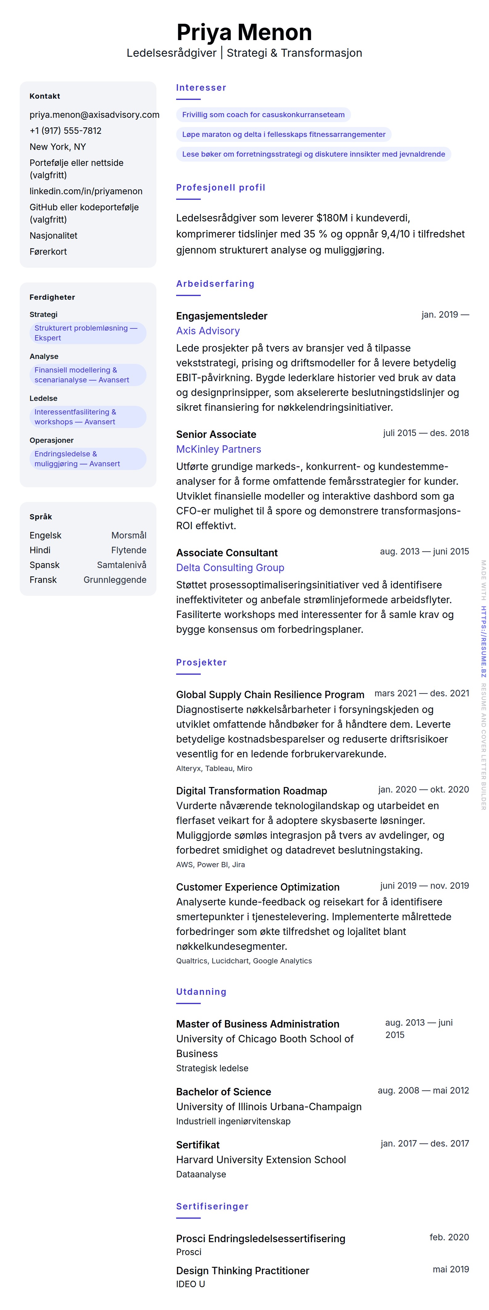 CV-forhåndsvisning for Ledelsesrådgiver CV-eksempel