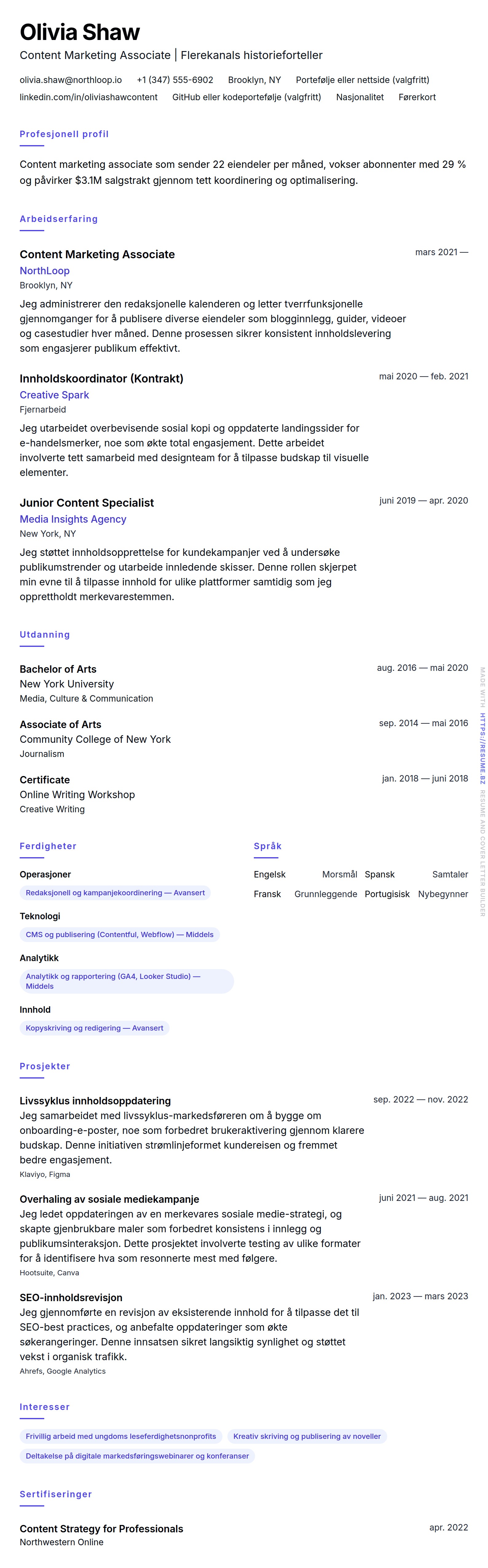 CV-forhåndsvisning for Content Marketing Associate CV-eksempel
