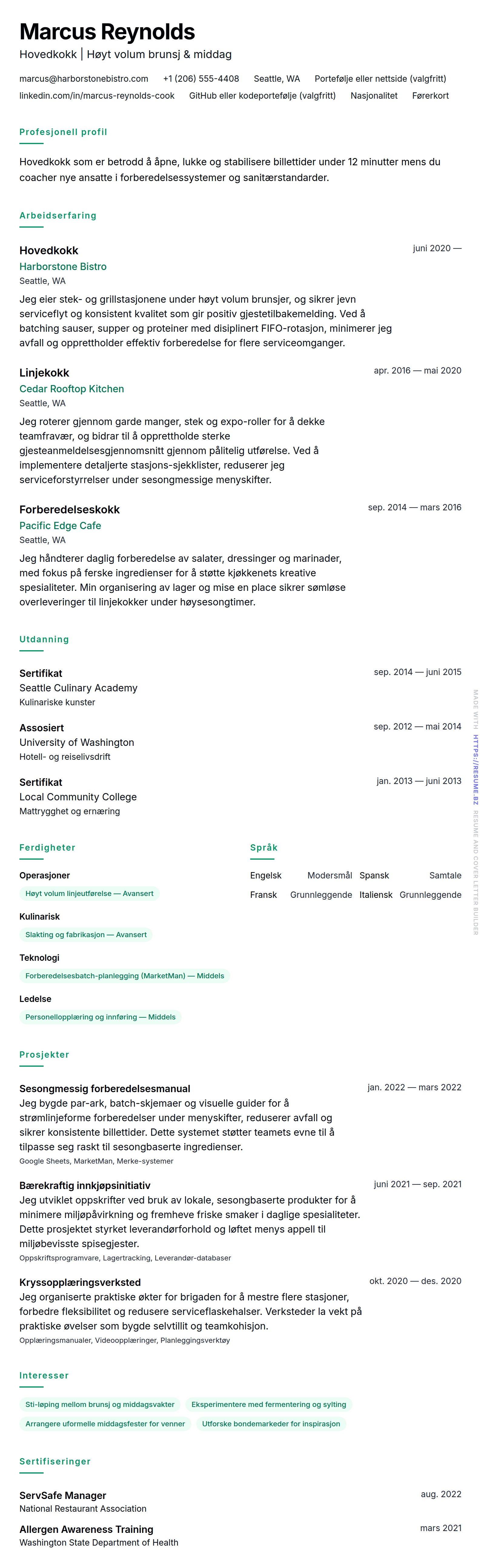 CV-forhåndsvisning for Kok CV-eksempel