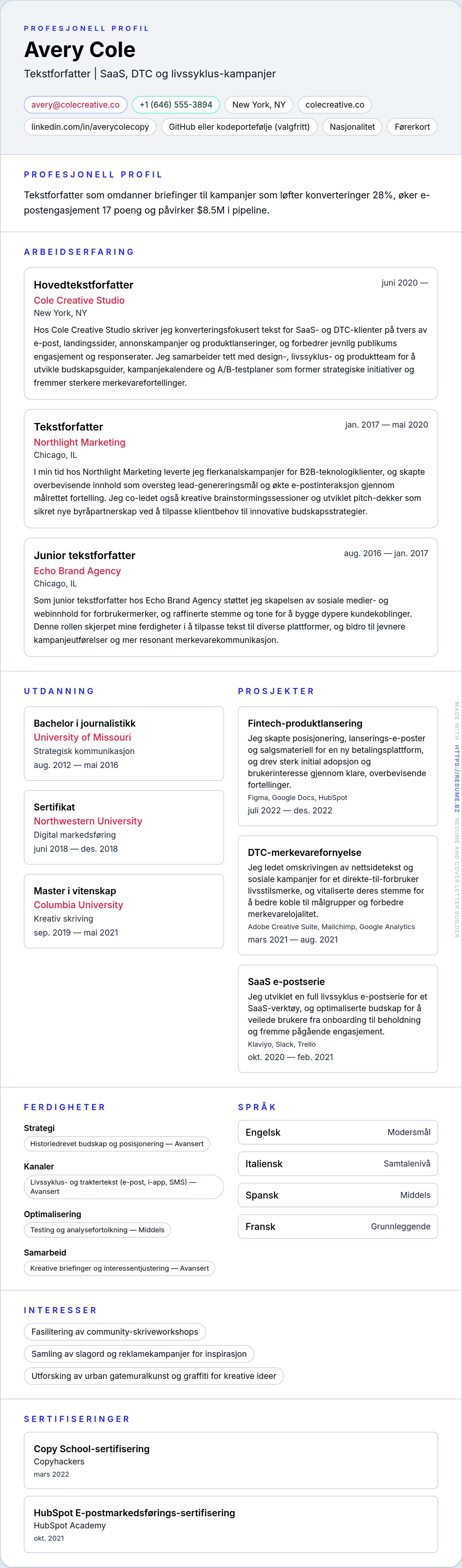 Eksempel på CV for tekstforfatter
