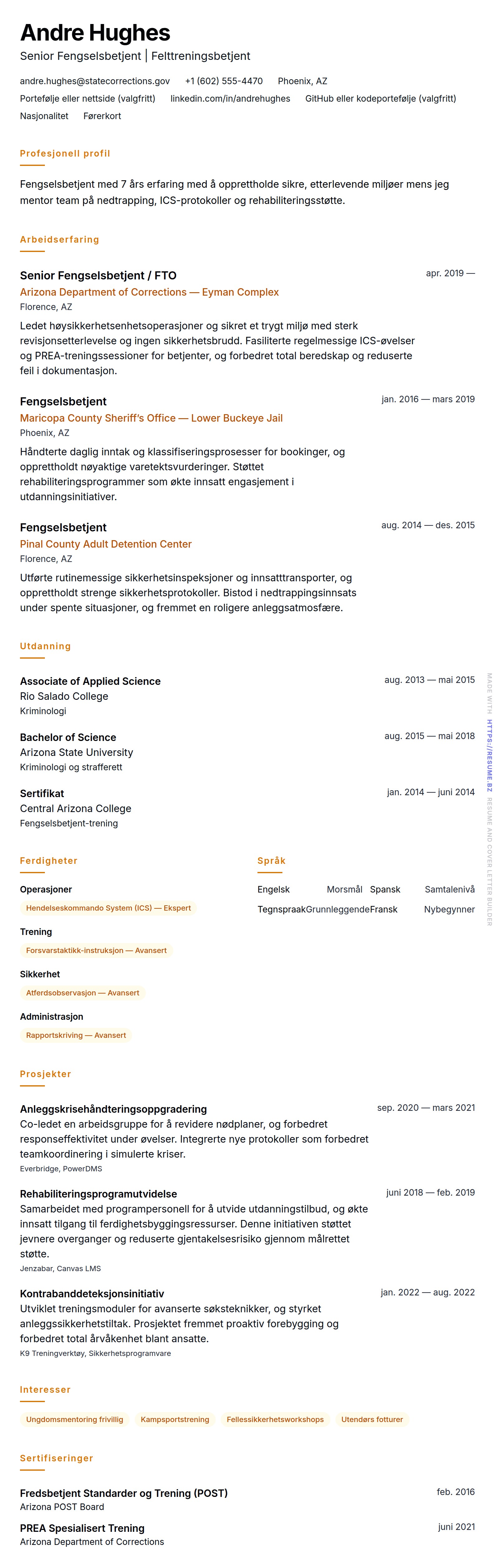 Fengselsbetjent CV-eksempel