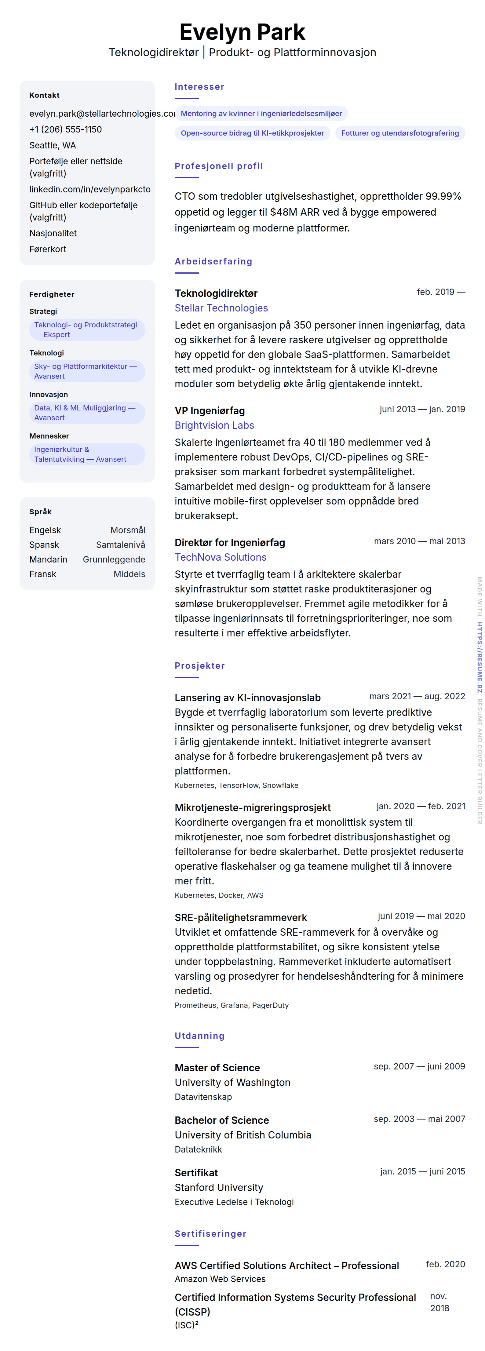 Eksempel på CV for Teknologidirektør