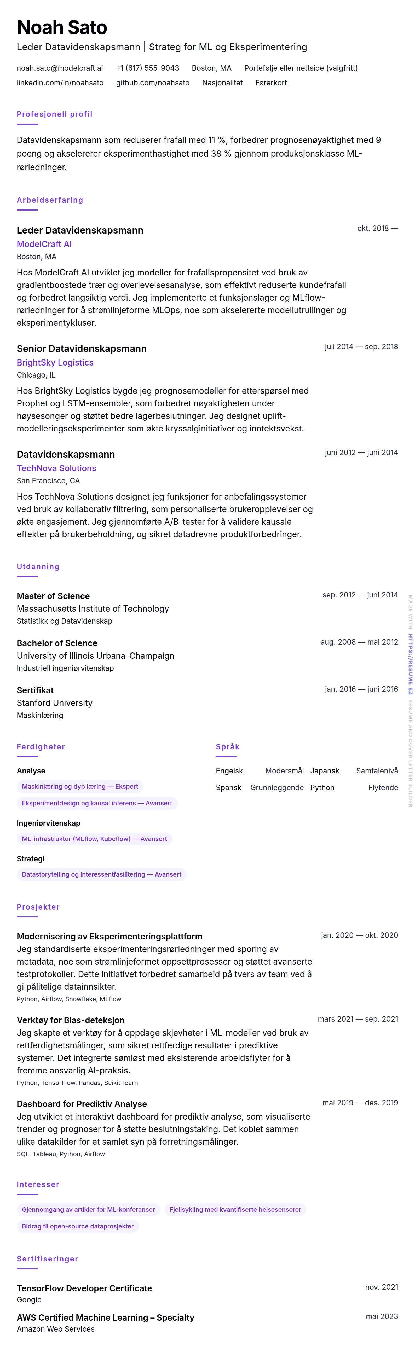 CV-forhåndsvisning for Eksempel på CV for Datavidenskapsmann