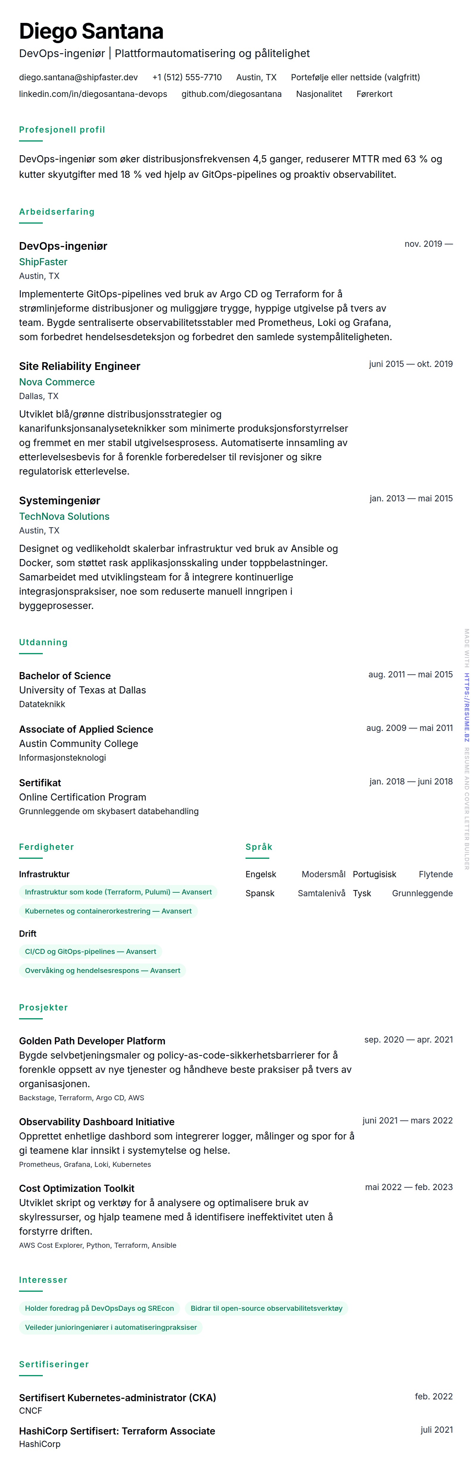 CV-forhåndsvisning for DevOps-ingeniør CV-eksempel