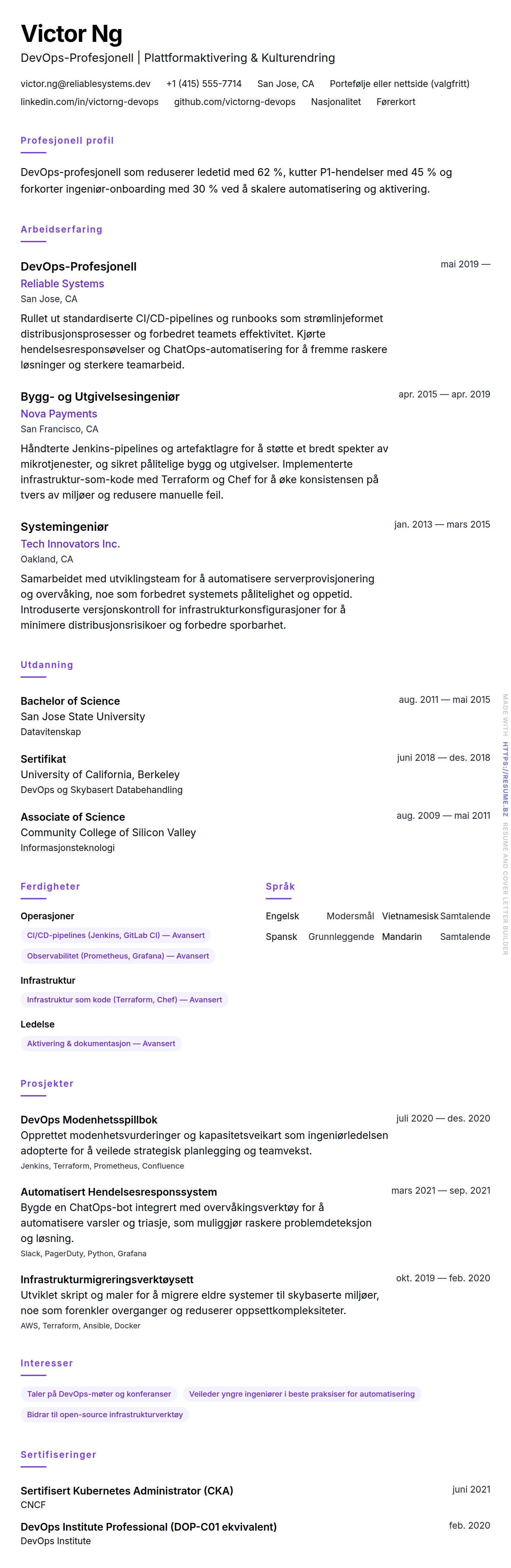 CV-forhåndsvisning for DevOps-Profesjonell CV-Eksempel