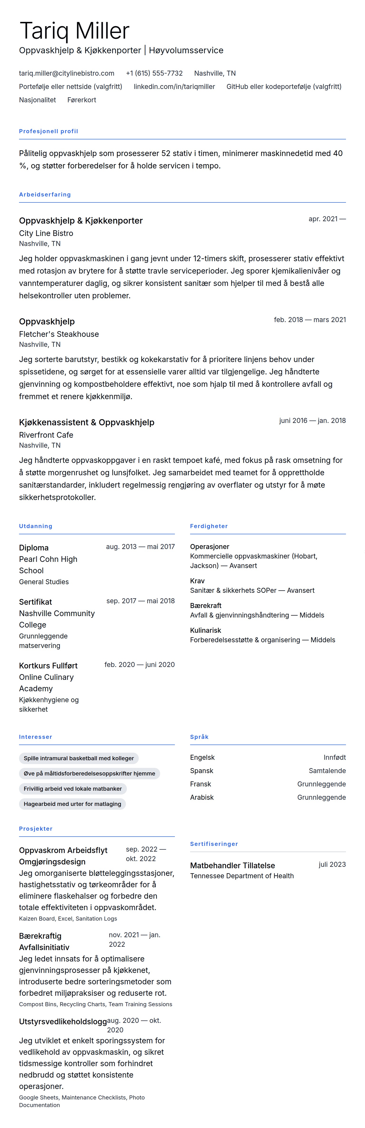 CV-forhåndsvisning for Oppvaskhjelp CV-eksempel