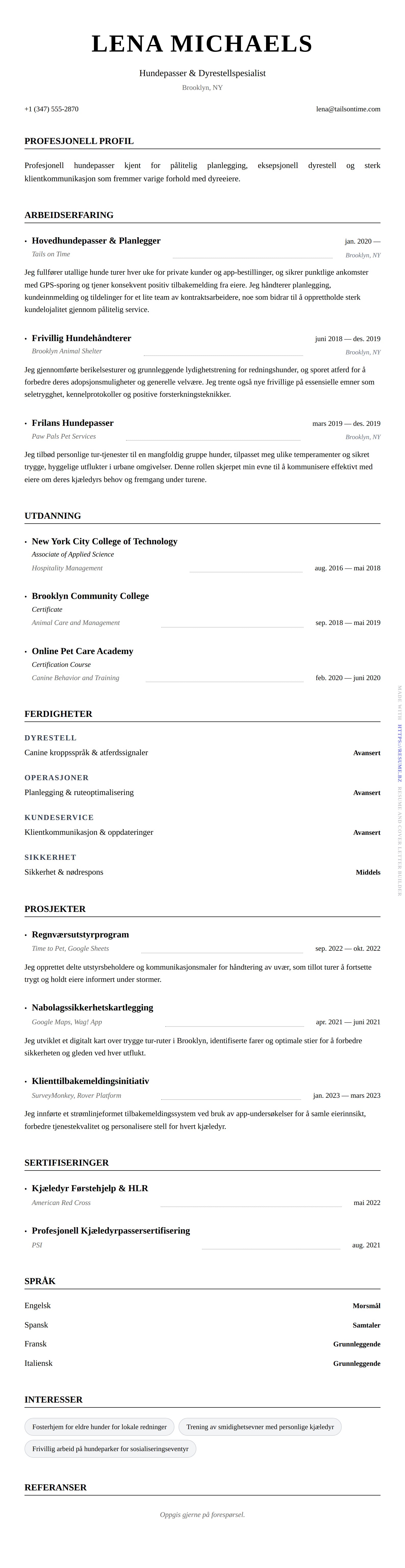 CV-forhåndsvisning for Hundepasser CV-eksempel