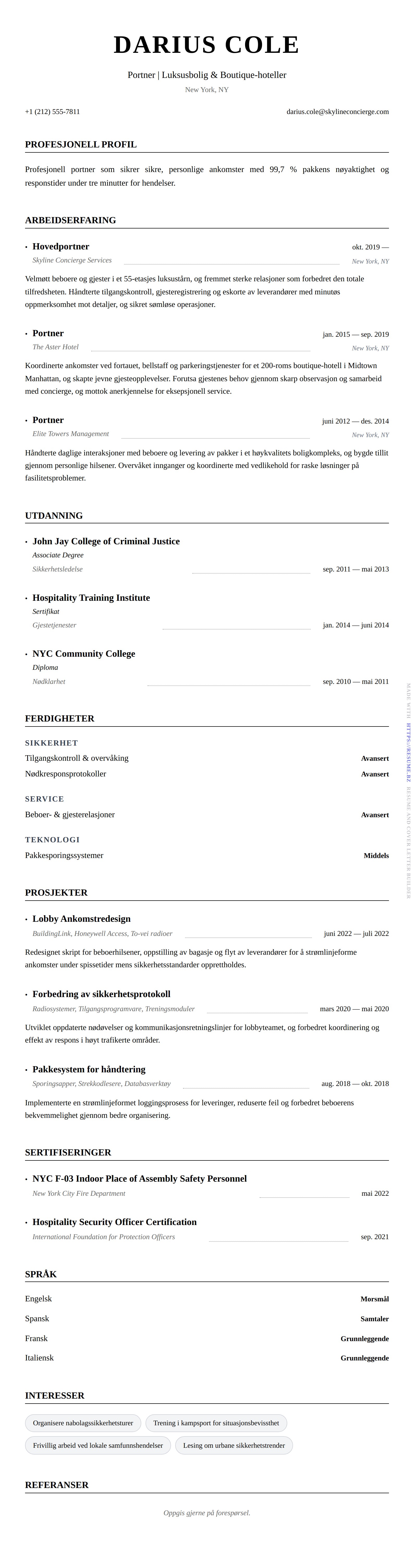 CV-forhåndsvisning for Portner CV-eksempel