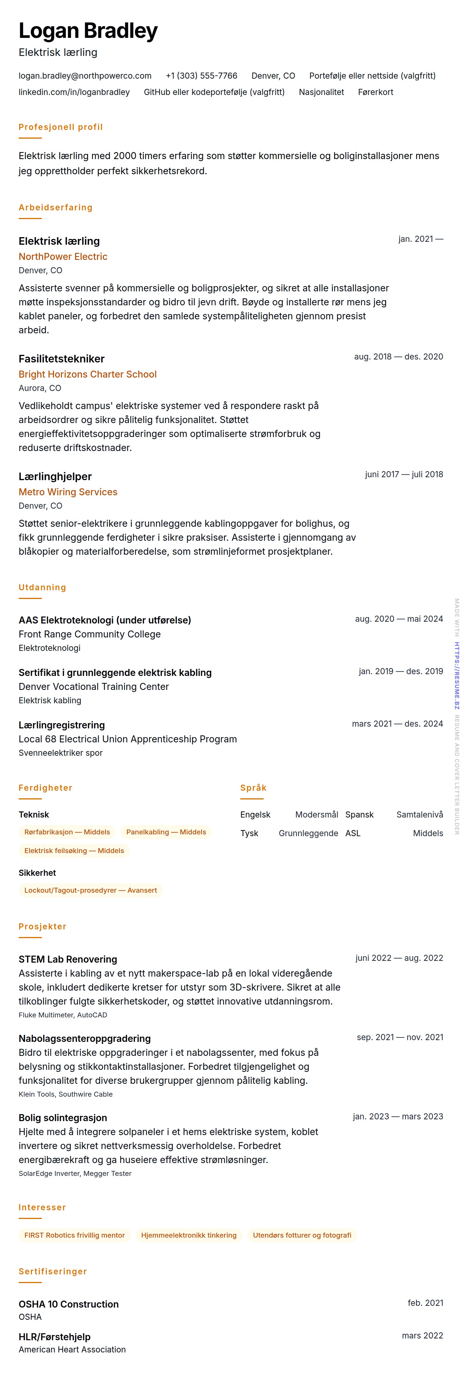 CV-forhåndsvisning for Elektrikerlærling CV-eksempel
