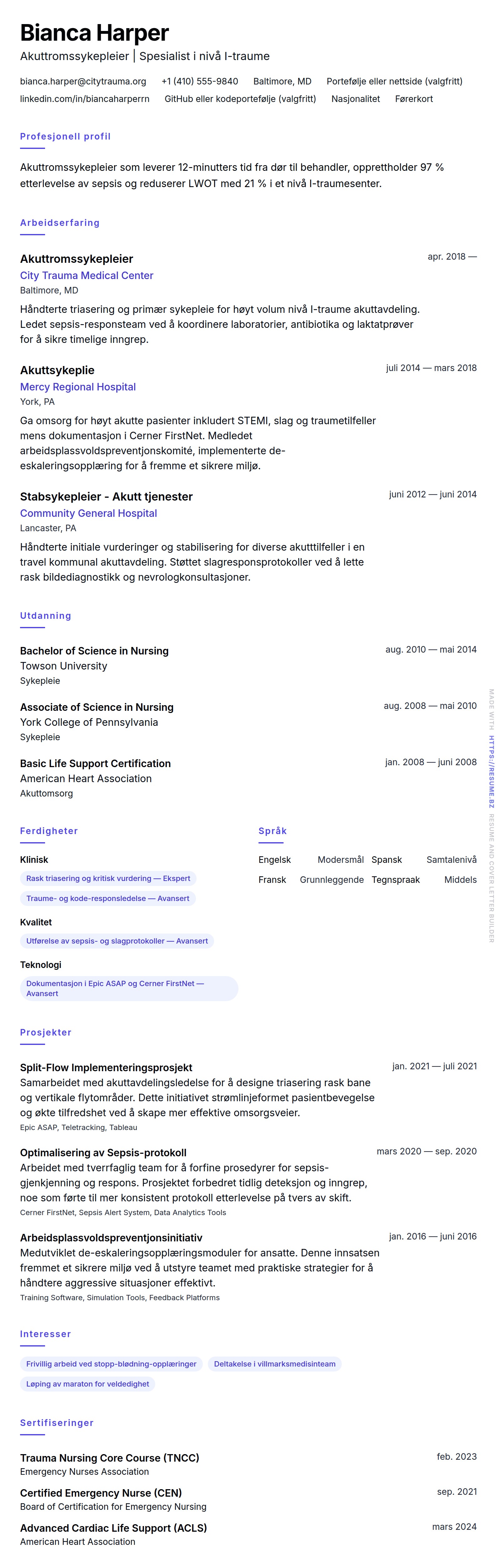 CV-forhåndsvisning for Akuttromssykepleier (AR) CV-eksempel
