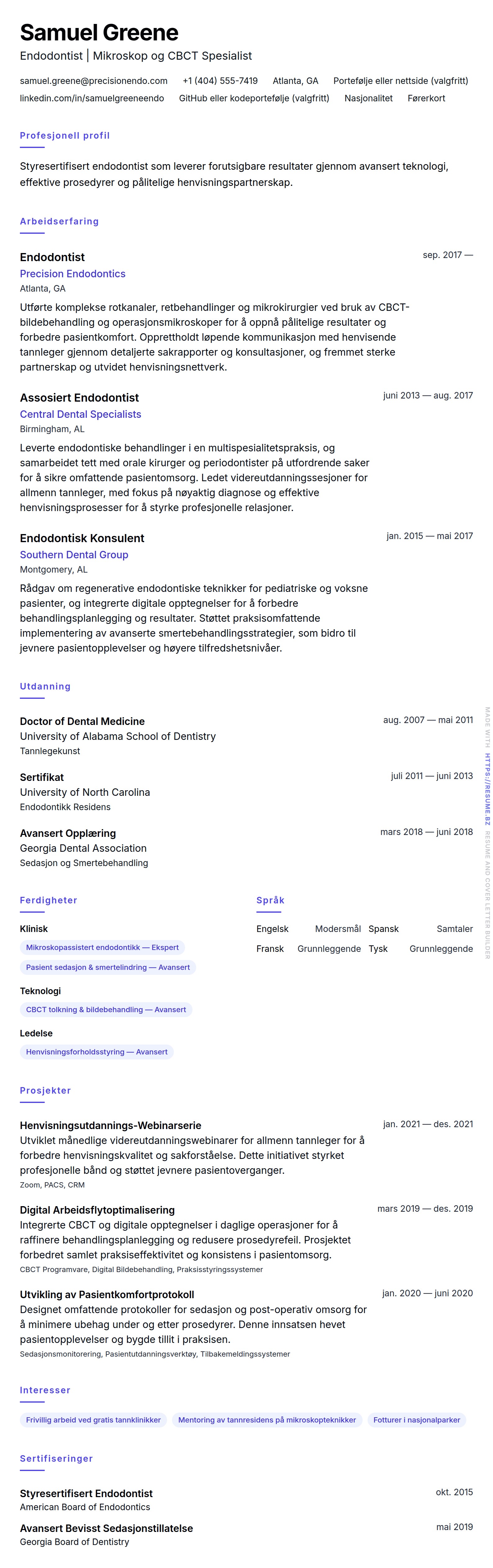 CV-forhåndsvisning for Endodontist CV-eksempel