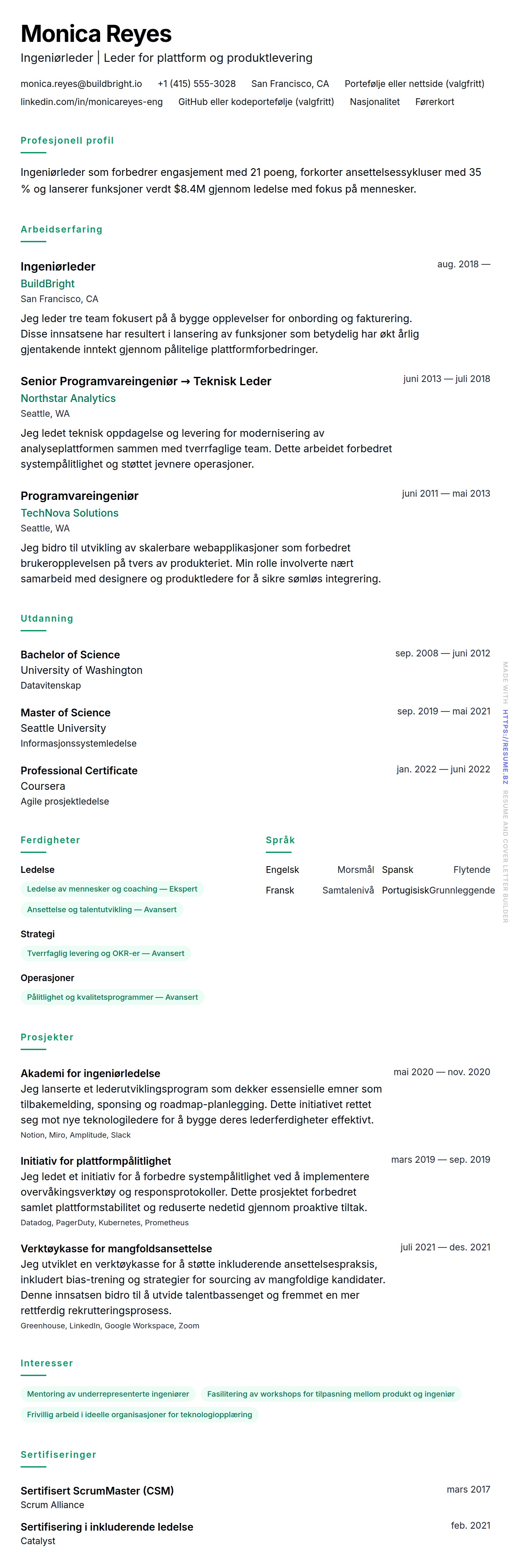 Eksempel på CV for Ingeniørleder