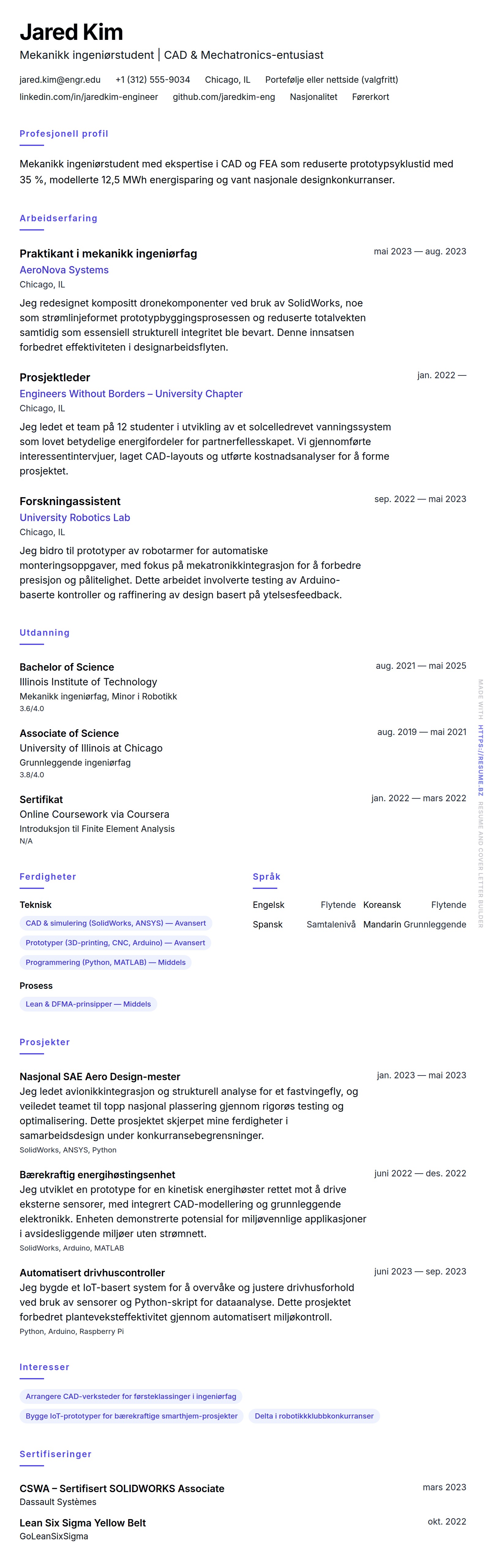 Eksempel på CV for ingeniørstudent