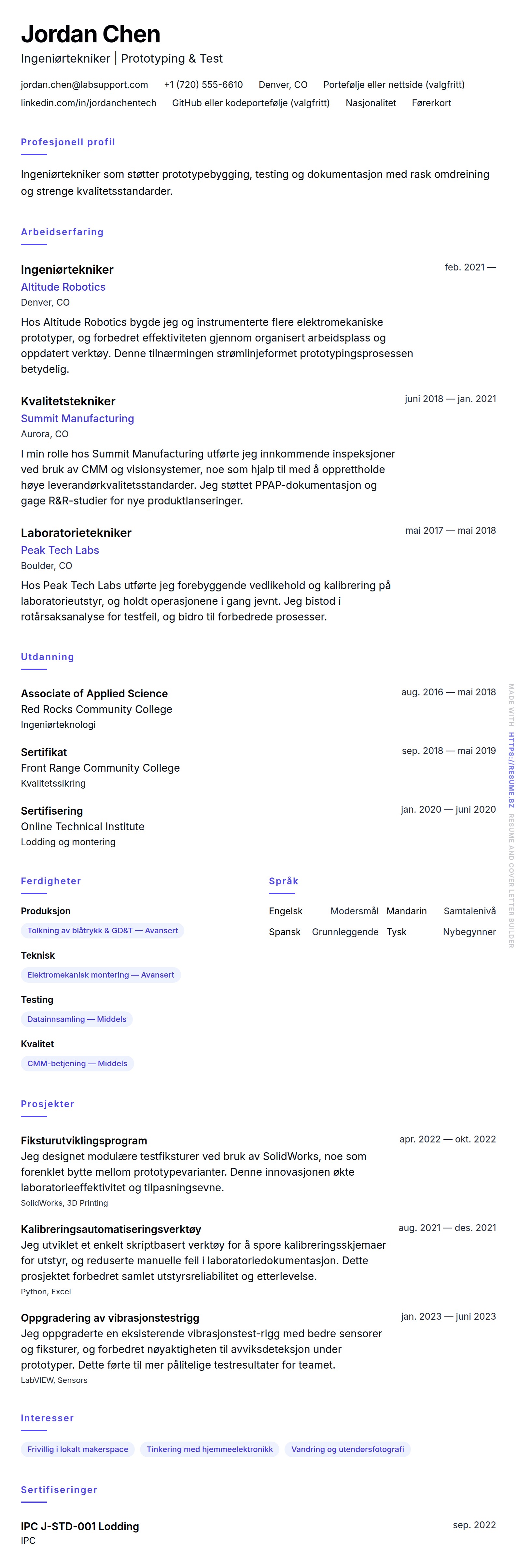 CV-forhåndsvisning for Tekniker CV-eksempel
