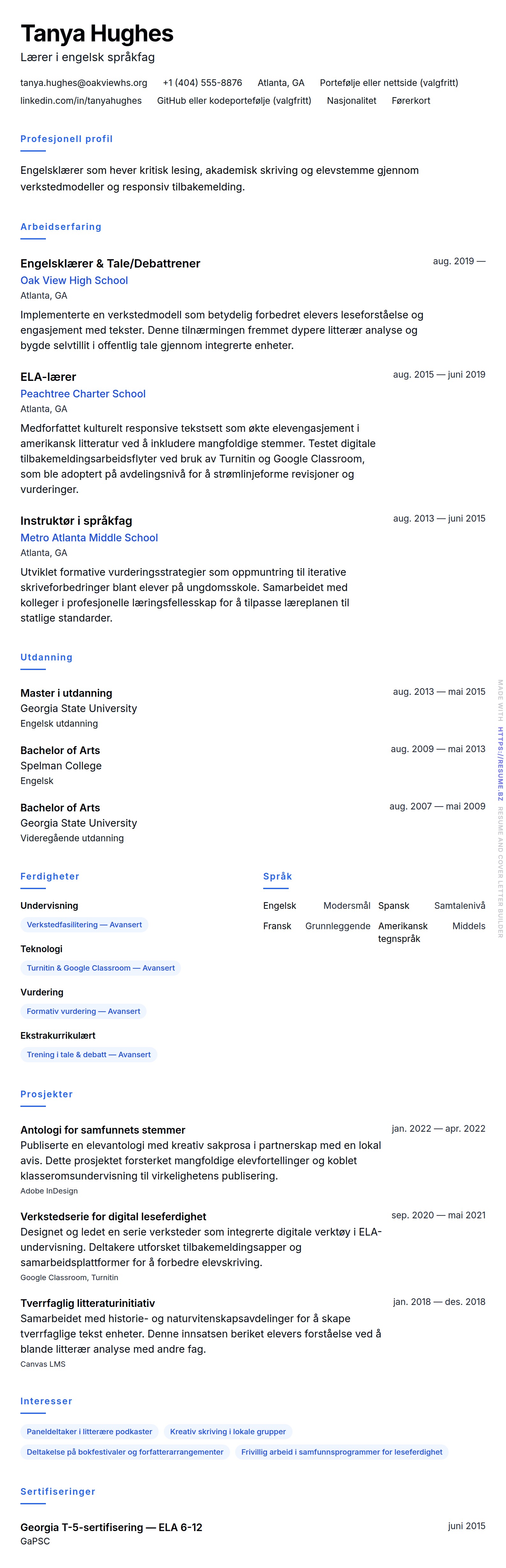 CV-forhåndsvisning for Eksempel på CV for engelsklærer