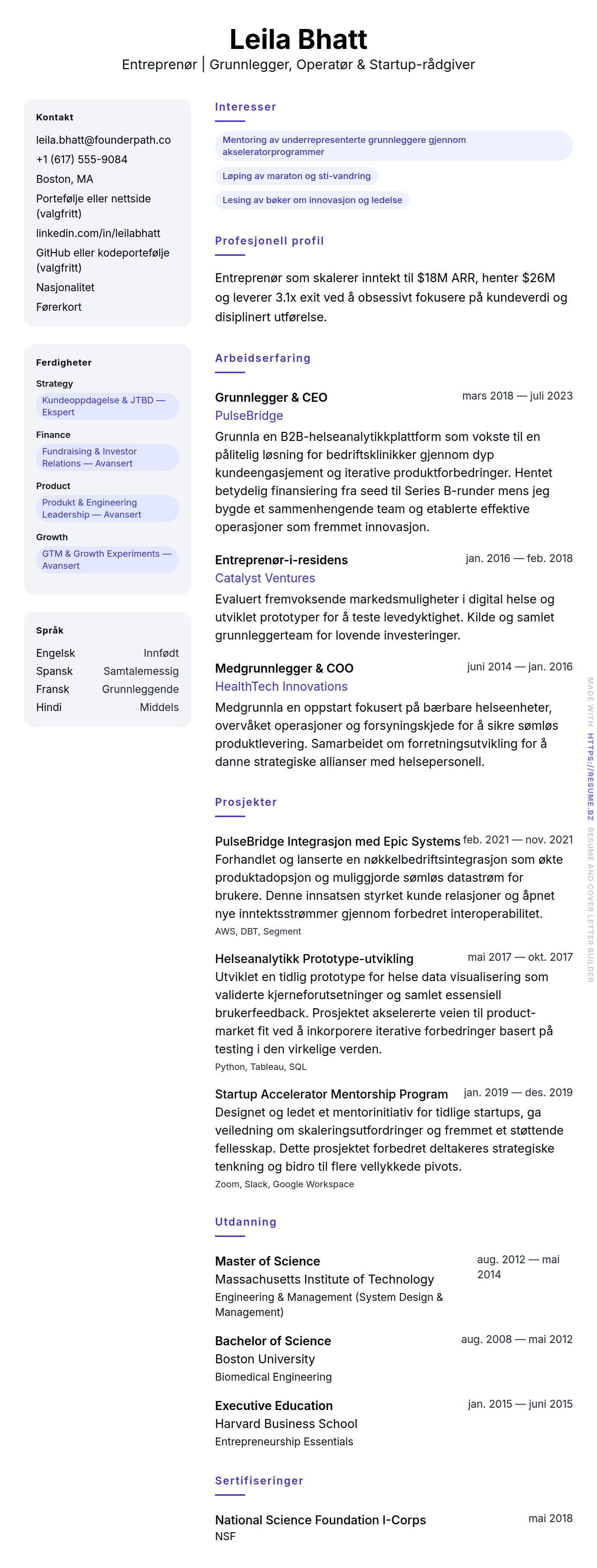 CV-forhåndsvisning for Entreprenør CV-eksempel
