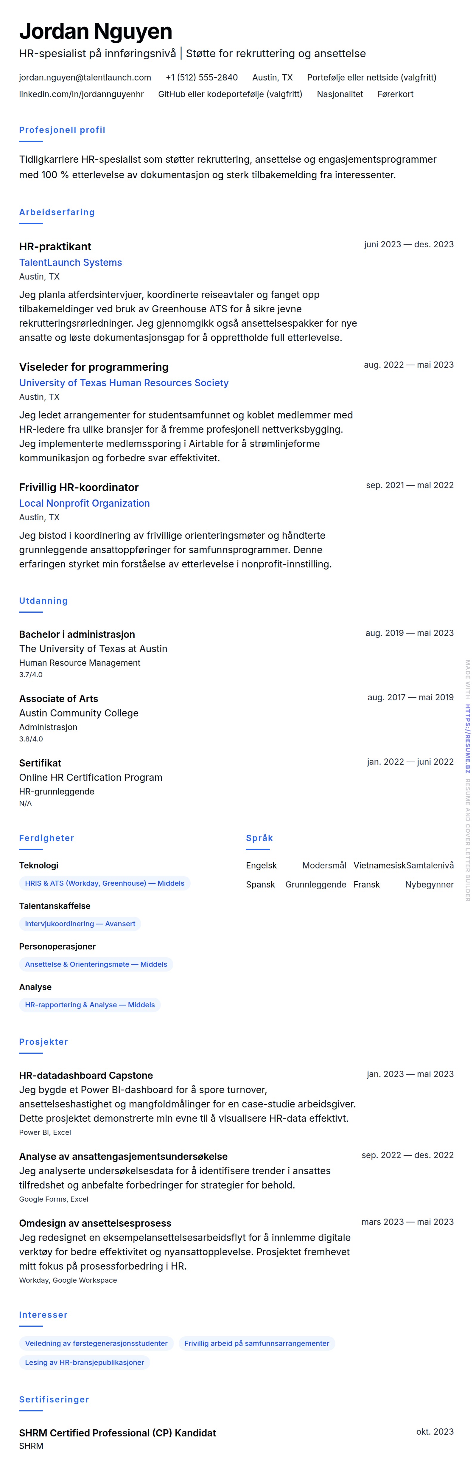 CV-forhåndsvisning for Eksempel på CV for HR-spesialist på innføringsnivå