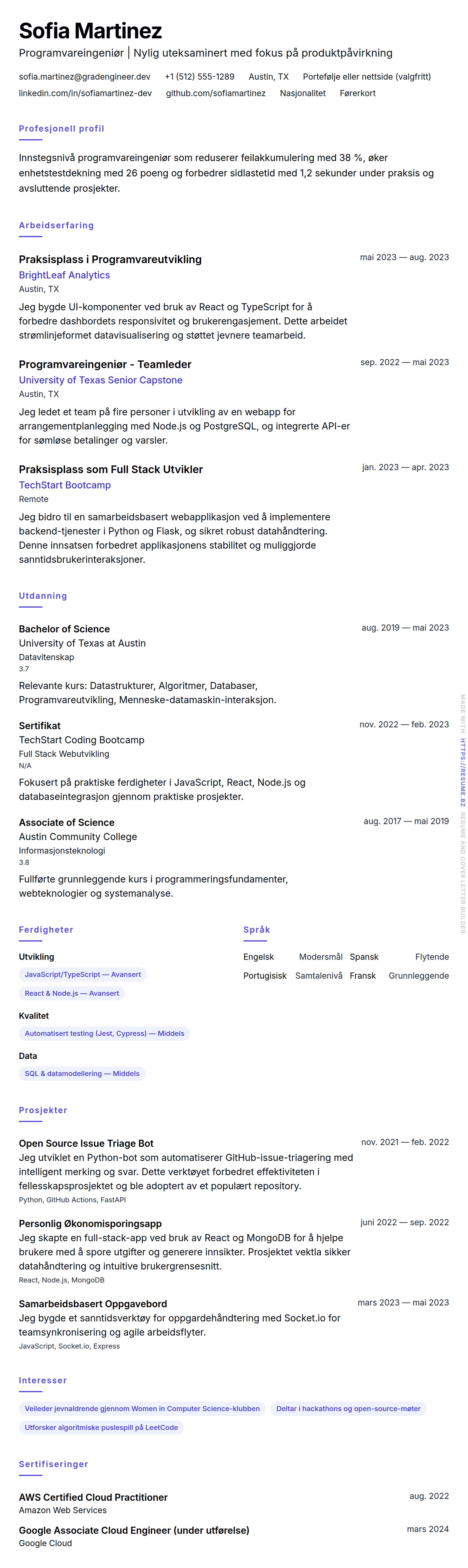 CV-forhåndsvisning for Eksempel på CV for Innstegsnivå Programvareingeniør
