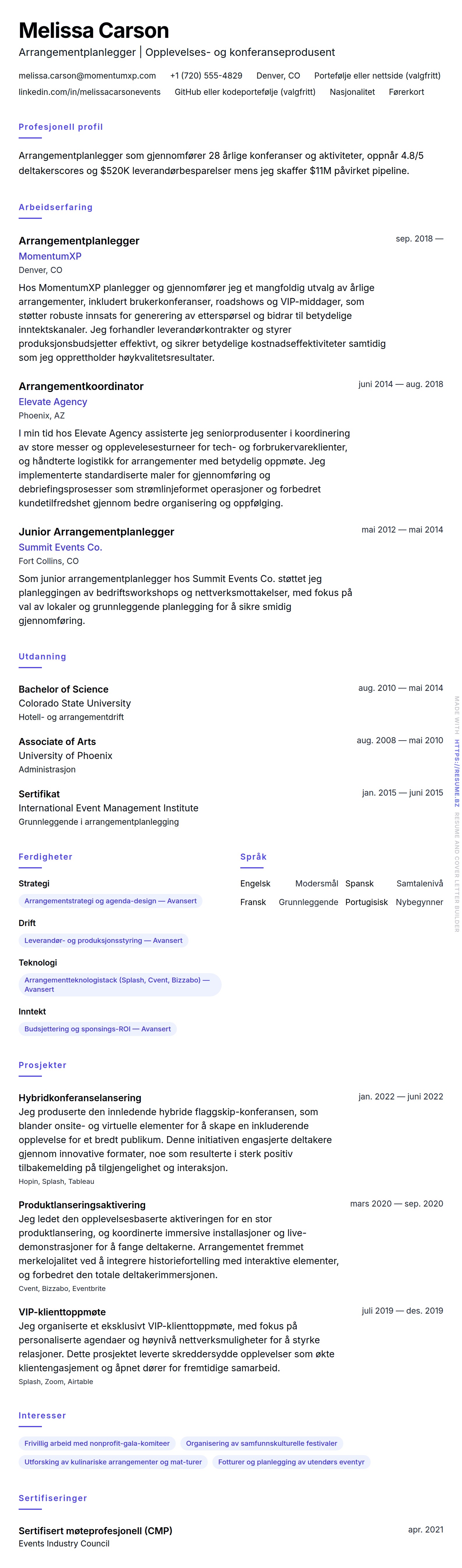 CV-forhåndsvisning for Arrangementplanlegger CV-eksempel